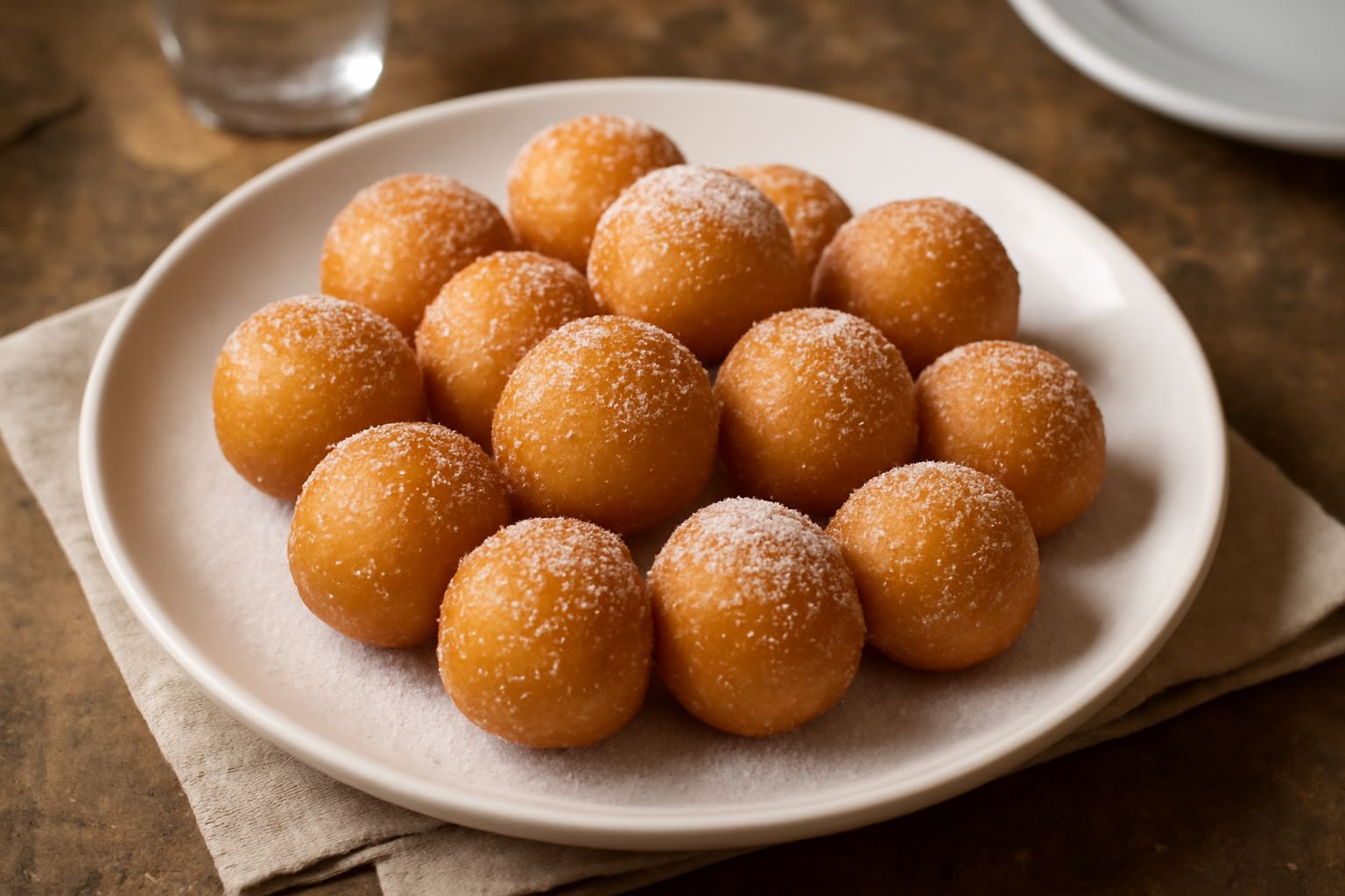 Frittelle dolci color oro intenso, sferiche e lucide, ammucchiate in un piatto bianco. Superficie croccante visibile, cosparse leggermente di zucchero semolato o zucchero a velo. Vapore ancora visibil