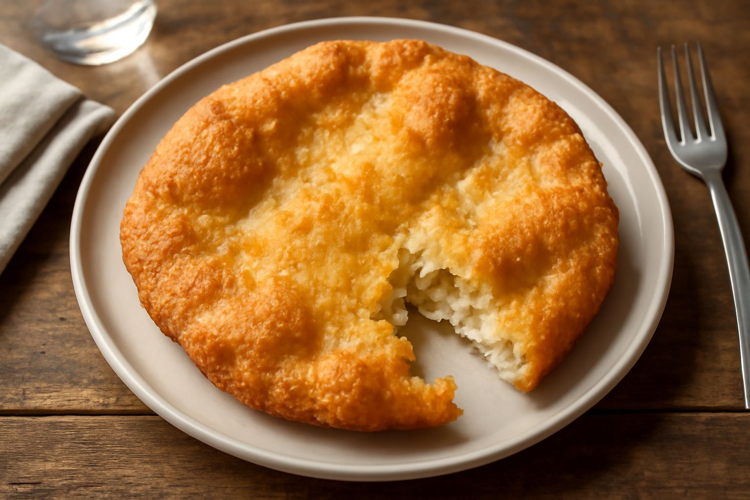 Frittelle salate dorate e croccanti, impilate su un piatto bianco, con una leggera doratura uniforme e piccoli cristalli di sale grosso visibili sulla superficie