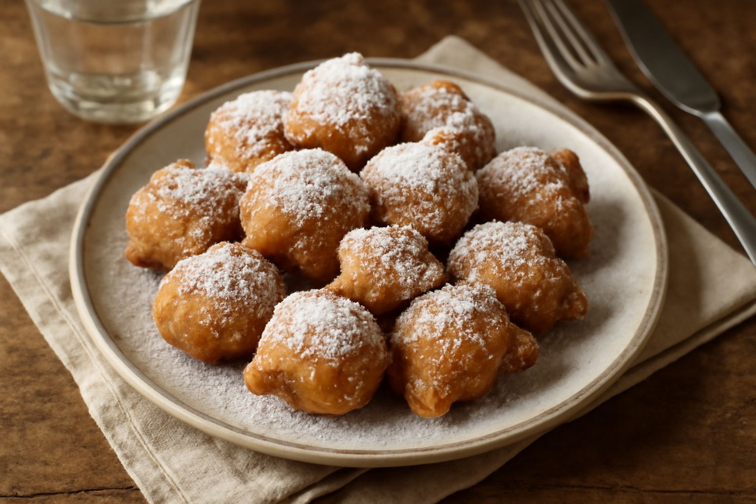 Frittelle venete dorate e soffici su piatto bianco, cosparse di zucchero a velo, con forme irregolari e croccanti in superficie