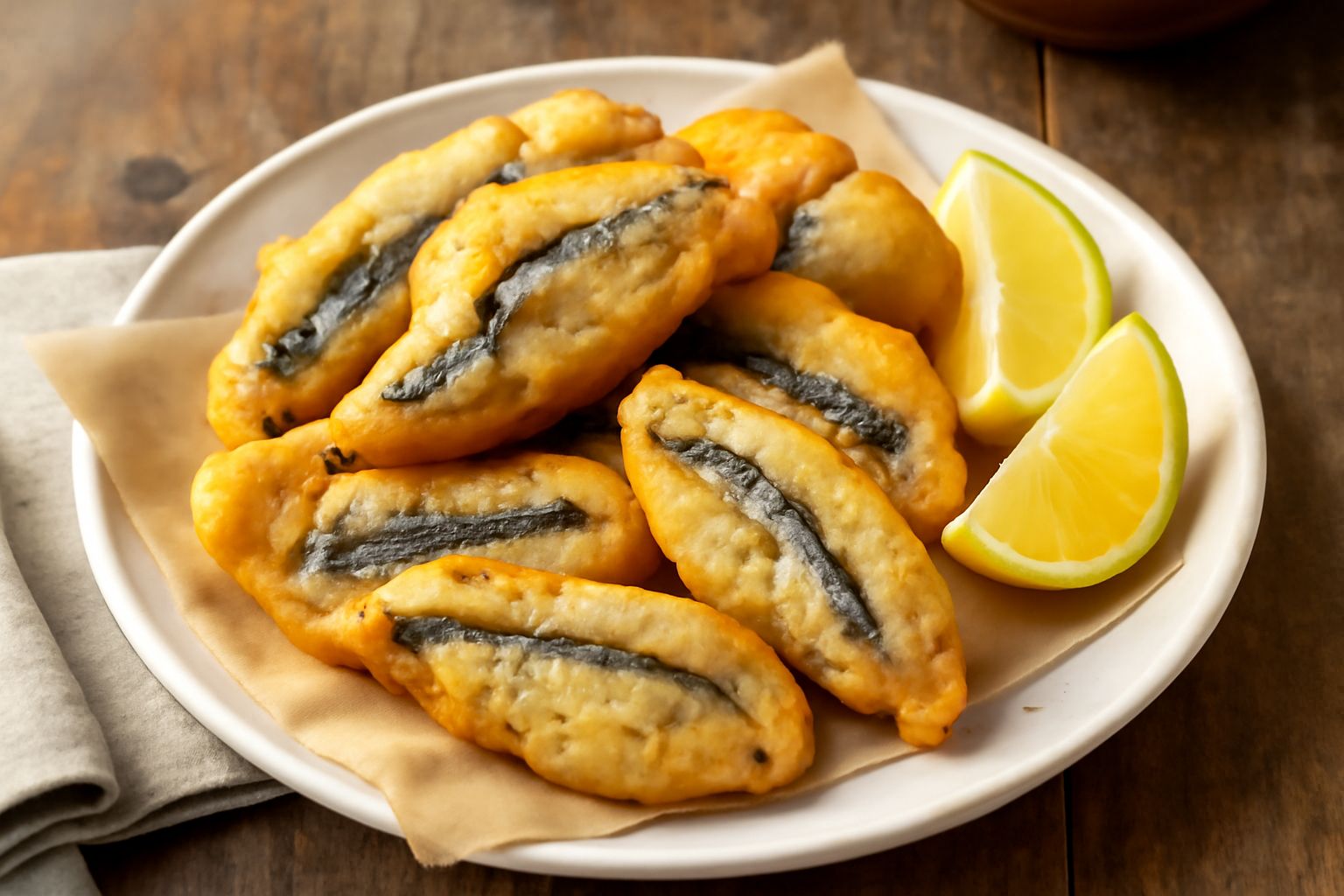 Frittelle di acciughe dorate e croccanti appena fritte, disposte su carta assorbente bianca, alcune ancora fumanti, con acciughe visibili all'interno della pastella dorata