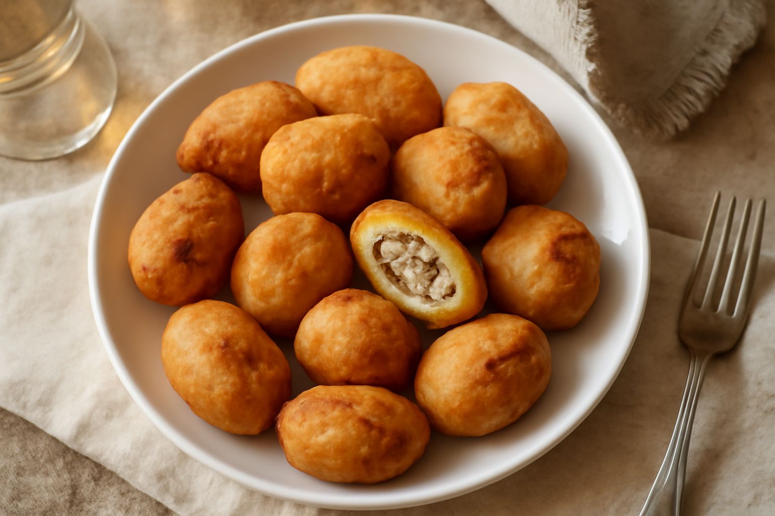 Frittelle di animelle dorate e croccanti su un piatto bianco, ancora calde, con le ghiandole leggermente sporgenti dalla pastella dorata, contorno di limone fresco