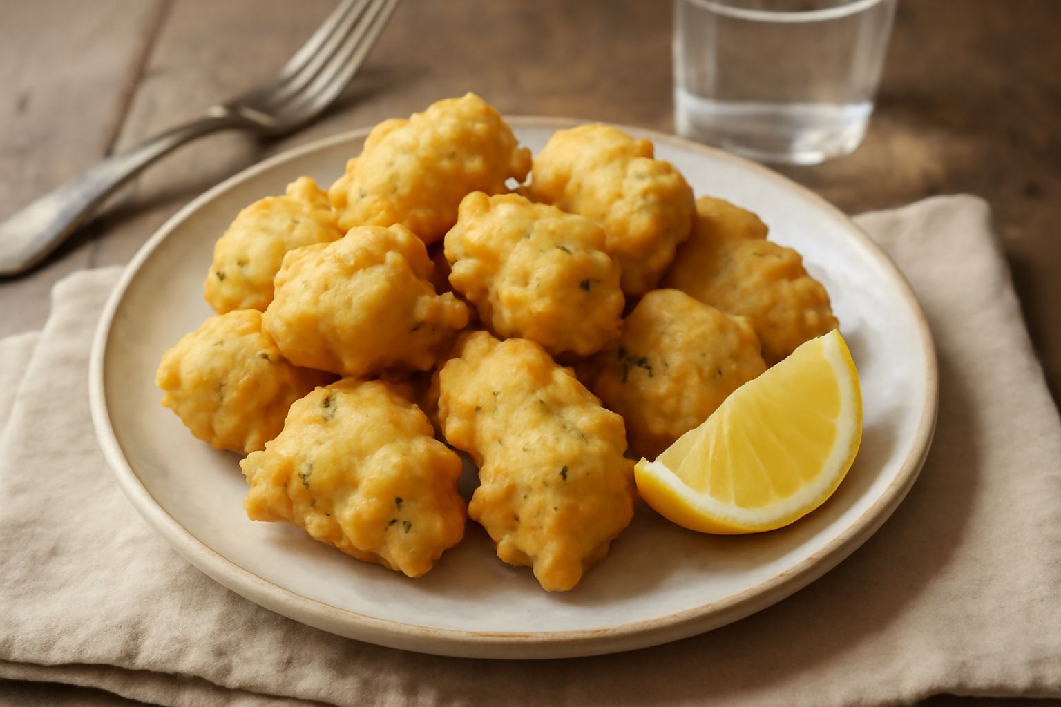 Frittelle di baccalà dorate su un piatto bianco, con pasta dorata croccante e interno morbido, accompagnate da limone fresco