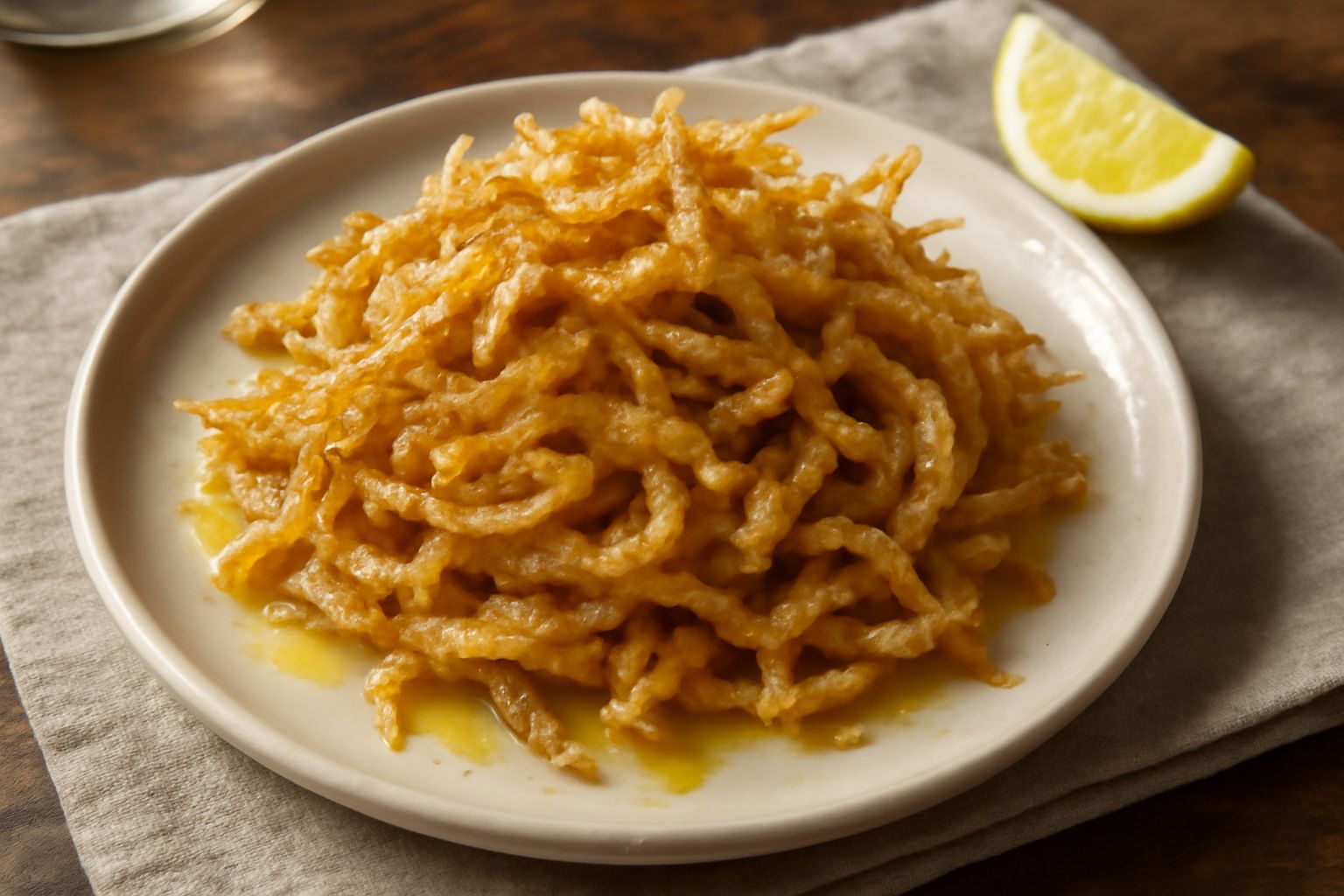 Frittelle di bianchetti dorate e croccanti in un piatto bianco, cosparse di prezzemolo fresco verde e una fetta di limone giallo accanto, sfondo neutro