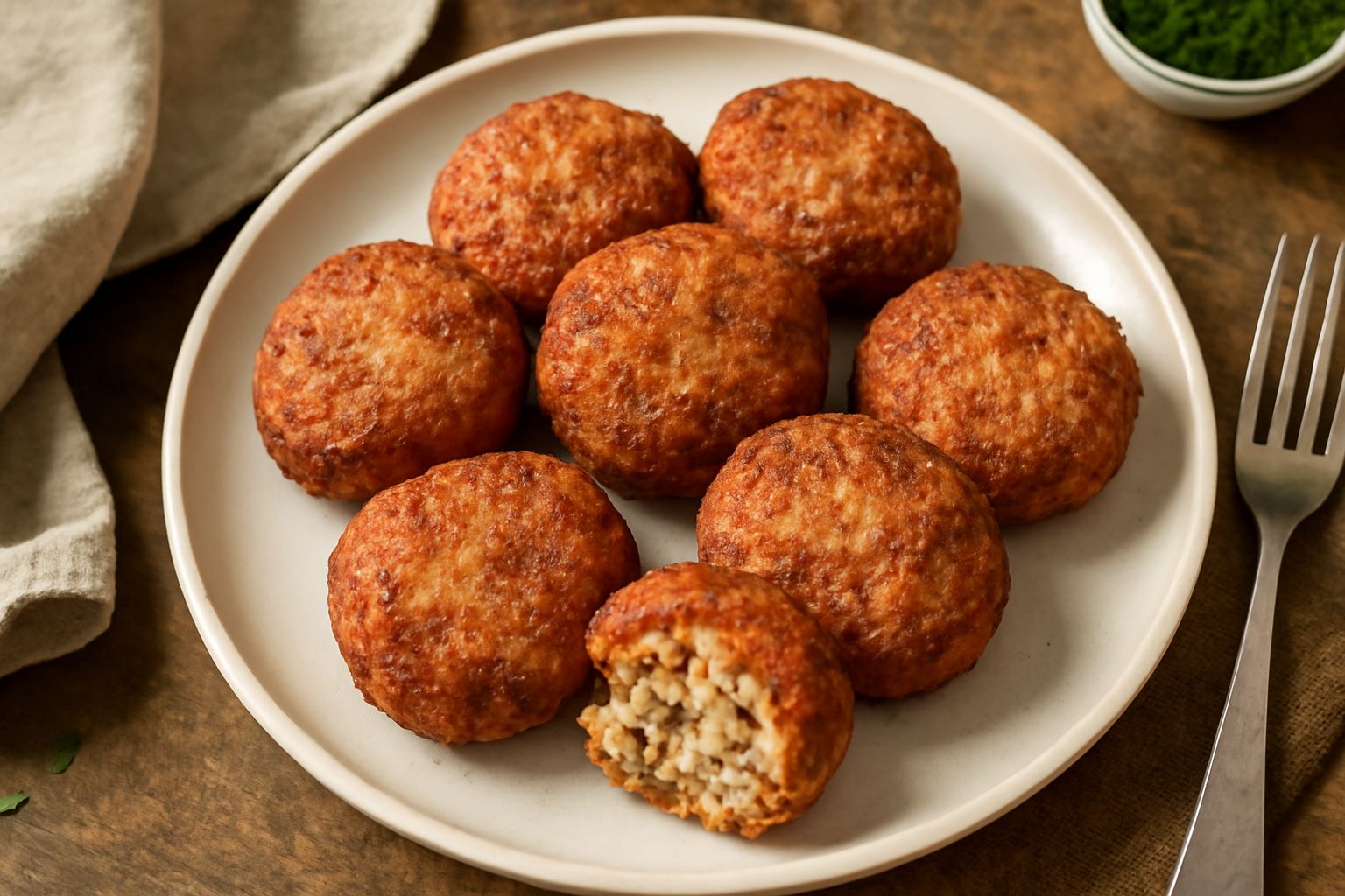 Frittelle di carne disposte su un piatto bianco, dorate e croccanti, guarnite con prezzemolo fresco. Sfondo neutro con una forchetta a lato.