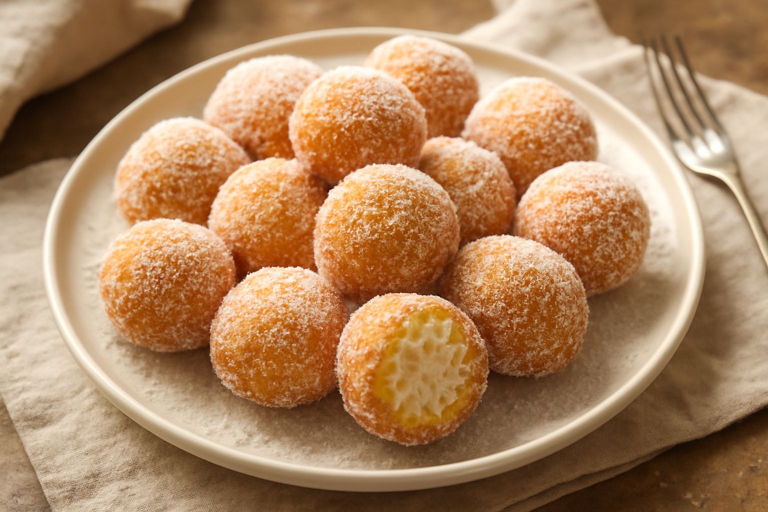 Frittelle di Carnevale dorate e polverose di zucchero bianco, ammucchiate su carta da forno, con sfumature brune croccanti in superficie