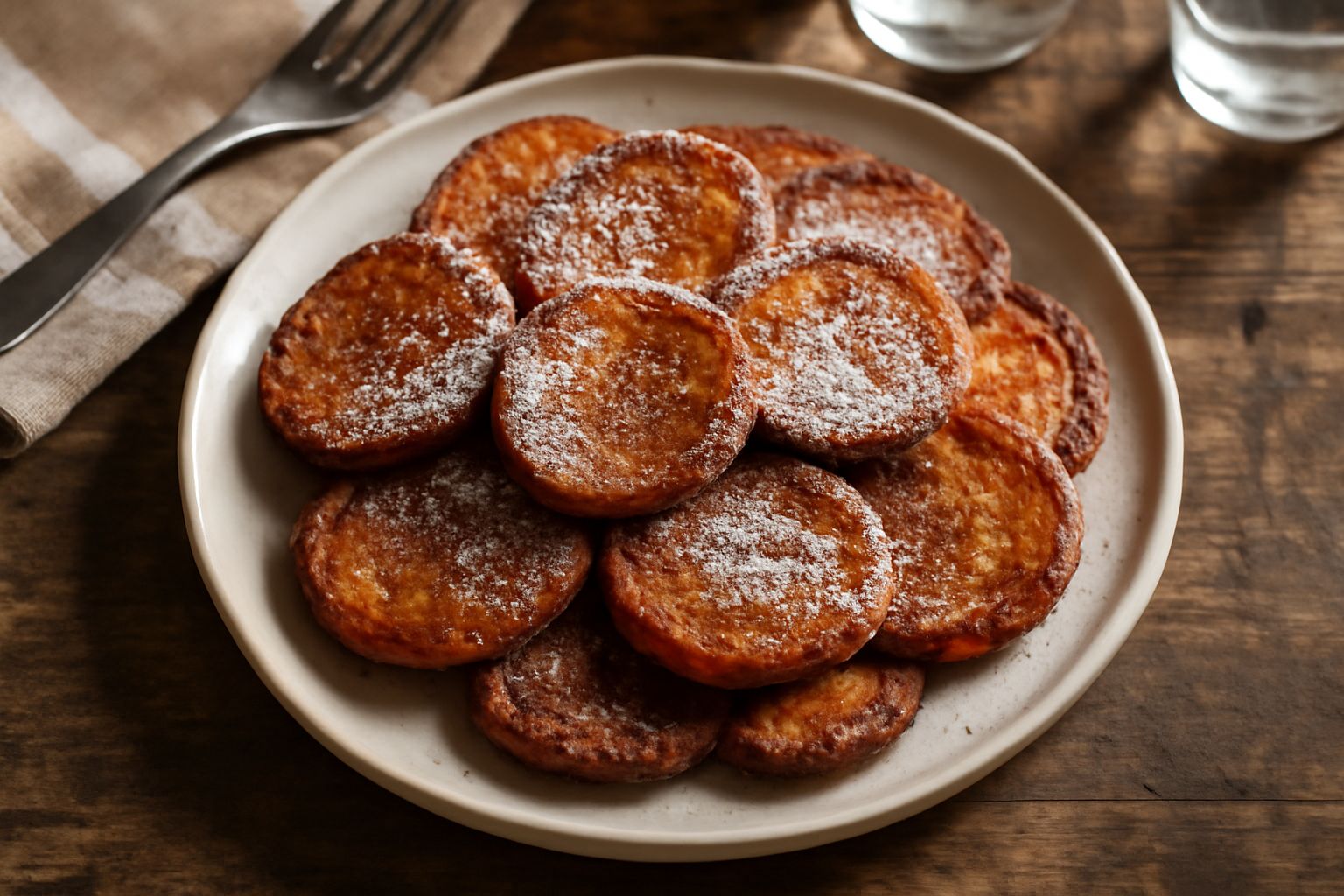 Frittelle di castagne dorate e croccanti impilate su un piatto bianco, cosparse di zucchero a velo, vapore ancora visibile dalla cottura