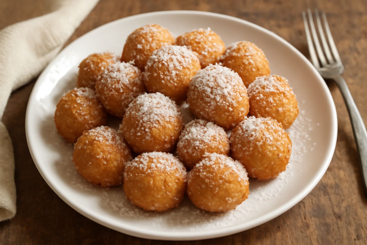 Frittelle di farina dorate e rotonde impilate su un piatto bianco, con zucchero a velo spolverato, su sfondo di cucina naturale con un bicchiere d'acqua e una ciotola con impasto