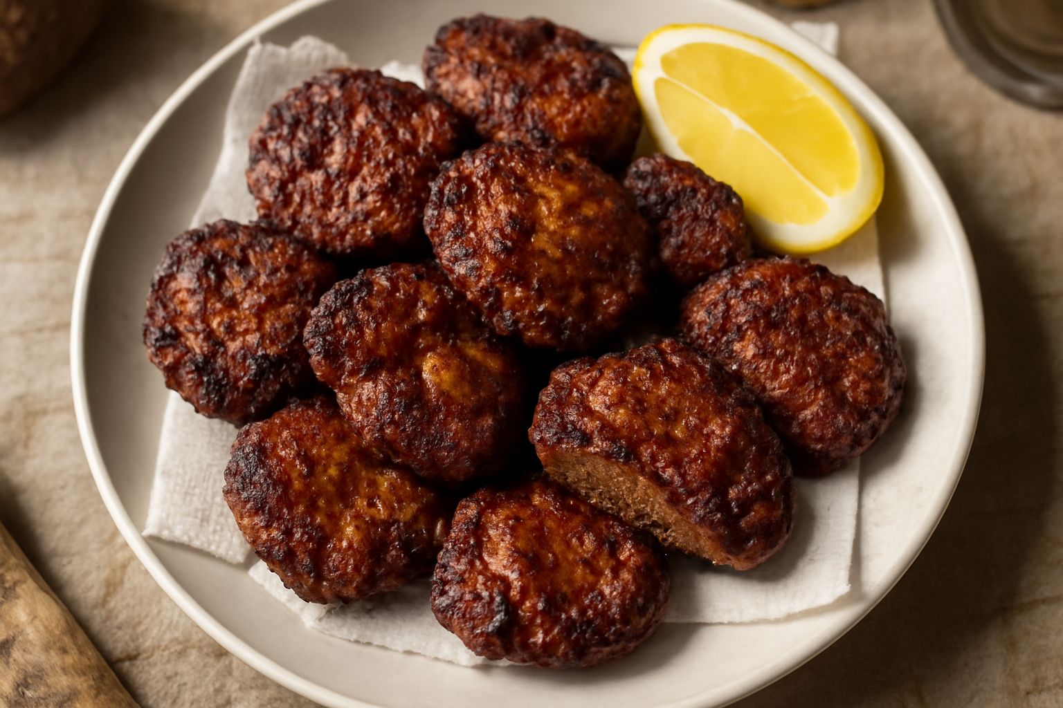 Frittelle di fegato dorate e croccanti appoggiate su carta assorbente bianca, con superficie bruciata color marrone scuro, impilate su un piatto bianco, contorno di limone fresco