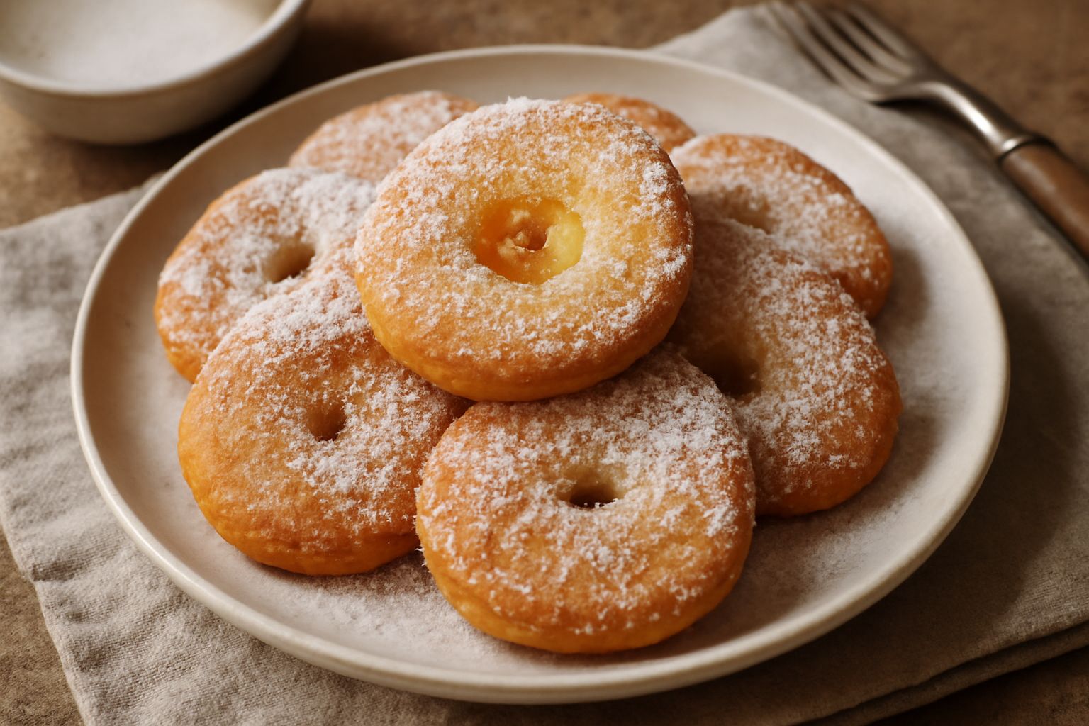 Frittelle di mela dorate e croccanti in un piatto bianco, cosparse di zucchero a velo, con fette di mela caramellate visibili all'interno, calore ancora evidente dalla superficie lucida