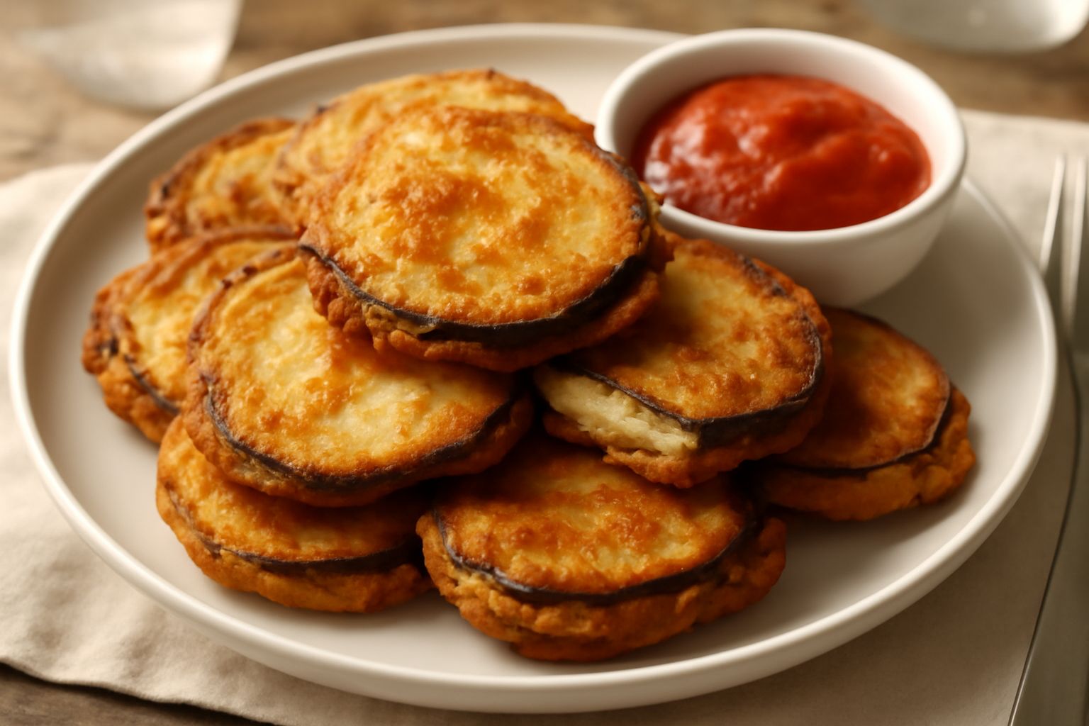 Frittelle di melanzana dorate e croccanti impilate su un piatto bianco, con salsa di pomodoro rosso vivo accanto e una foglia di basilico fresco sulla sommità
