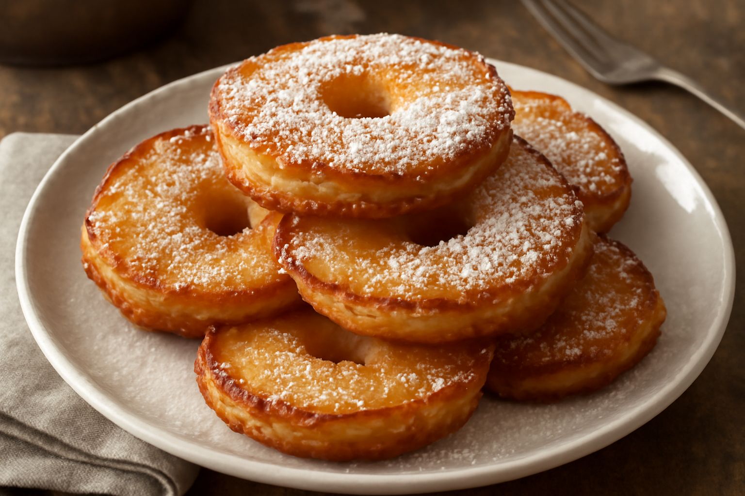 Frittelle di mele dorate e croccanti impilate su un piatto bianco, ricoperte leggermente di zucchero a velo, con una mela fresca sullo sfondo