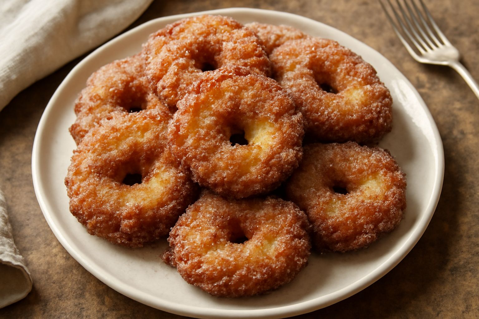 Frittelle di mele piemontesi dorate e croccanti impilate su un piatto bianco, cosparse di zucchero bianco, con fette di mela cruda a lato e sfondo grigio neutro