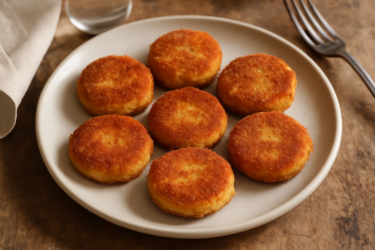 Frittelle di midollo dorate e croccanti disposte su un piatto bianco, ancora fumanti, con una leggera doratura uniforme e spruzzate di sale grosso