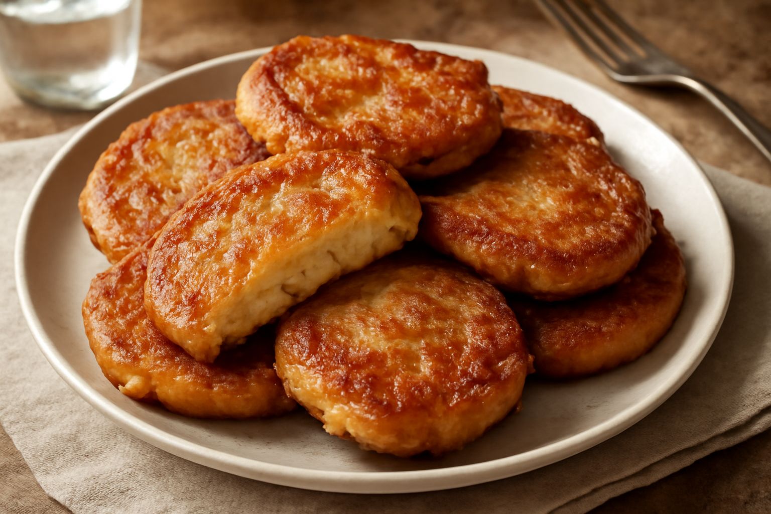 Frittelle di pane ammollato dorate e croccanti disposte su un piatto bianco, ancora fumanti, con un leggero strato di olio in superficie e crepature visibili sulla crosta dorata