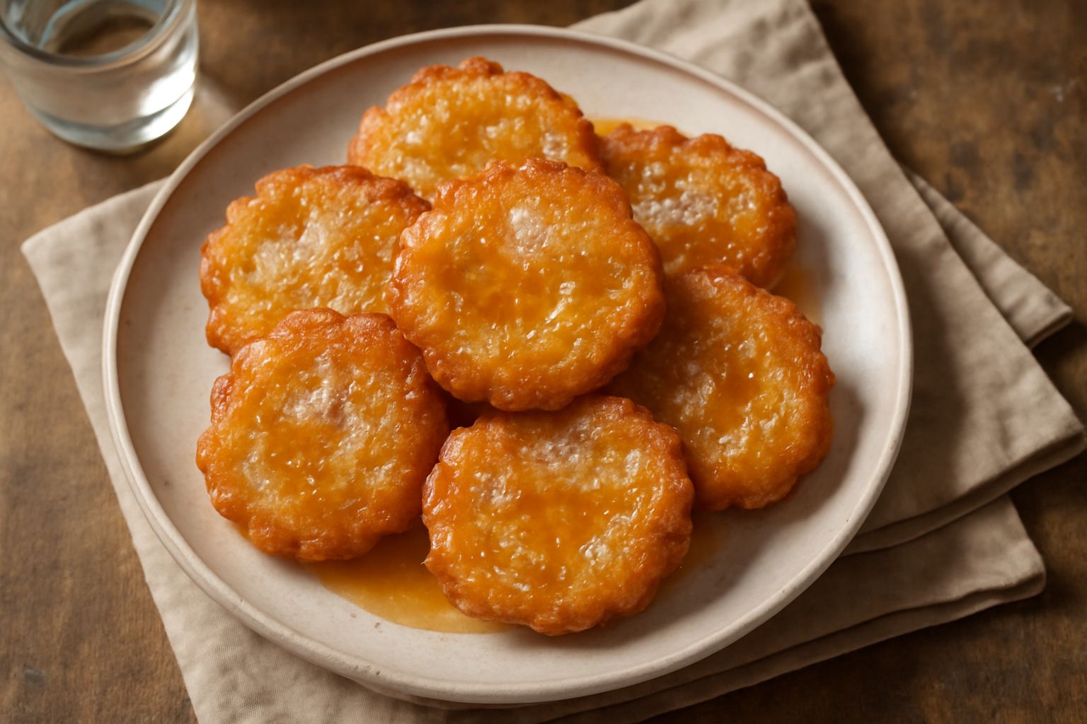 Un piatto di ceramica bianca con frittelle dorate e croccanti cosparse di zucchero semolato, alcune ancora vapore, accompagnate da una ciotola di miele ambrato sfocata sullo sfondo