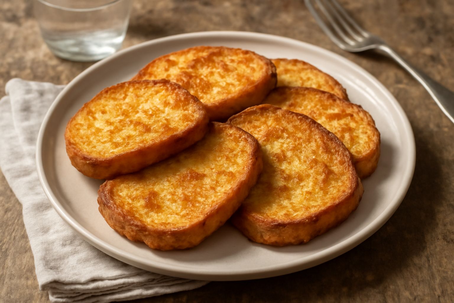 Frittelle di pane vecchio dorate e croccanti appoggiate su carta assorbente bianca, con doratura uniforme, vapore che sale, contorno di olio trasparente nel piatto