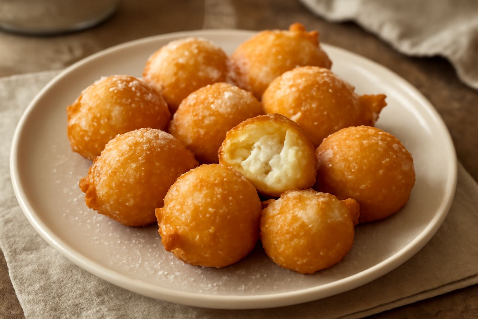 Frittelle dorate e gonfie ammassate in un piatto bianco, cosparse di zucchero granulato, con una ciotola di miele fumante accanto e un cucchiaio di legno