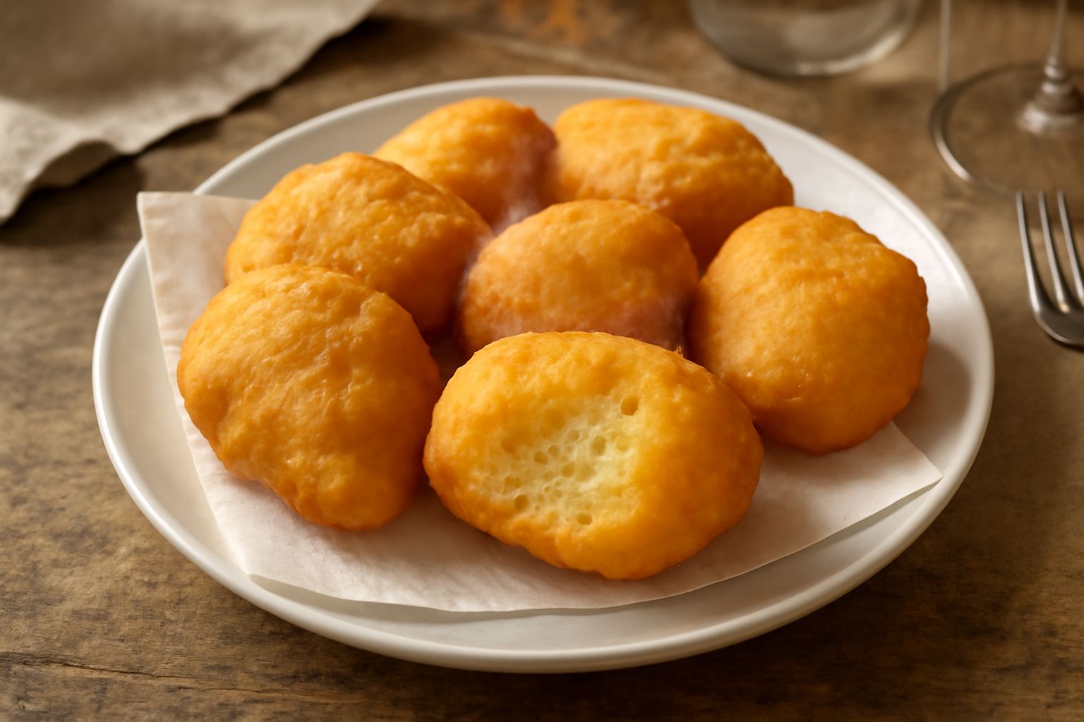 Quattro frittelle dorate e gonfie disposte su carta assorbente bianca, con sale grosso visibile sulla superficie, in una ciotola di ceramica. Superficie croccante e colore giallo ambrato