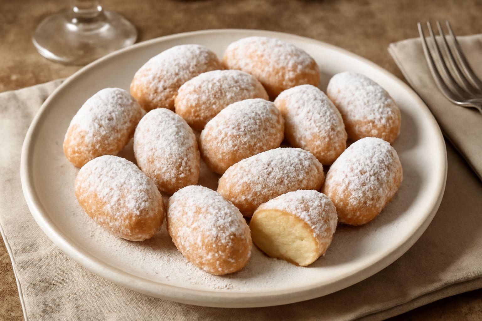 Frittelle di pasta reale dorate disposte su un piatto bianco, ricoperte di zucchero a velo, con mandorle intere visibili sulla superficie, accompagnate da una tazza di caffè