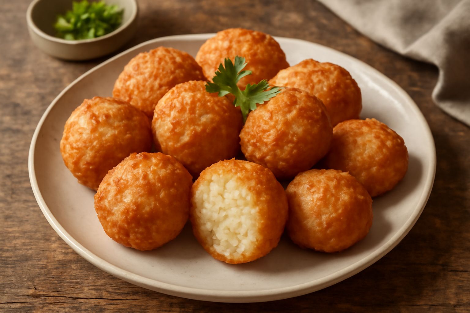 Frittelle di patate dorate e croccanti impilate su un piatto bianco, cosparse di sale grosso, vapore ancora visibile, contorno di una ciotola di panna acida