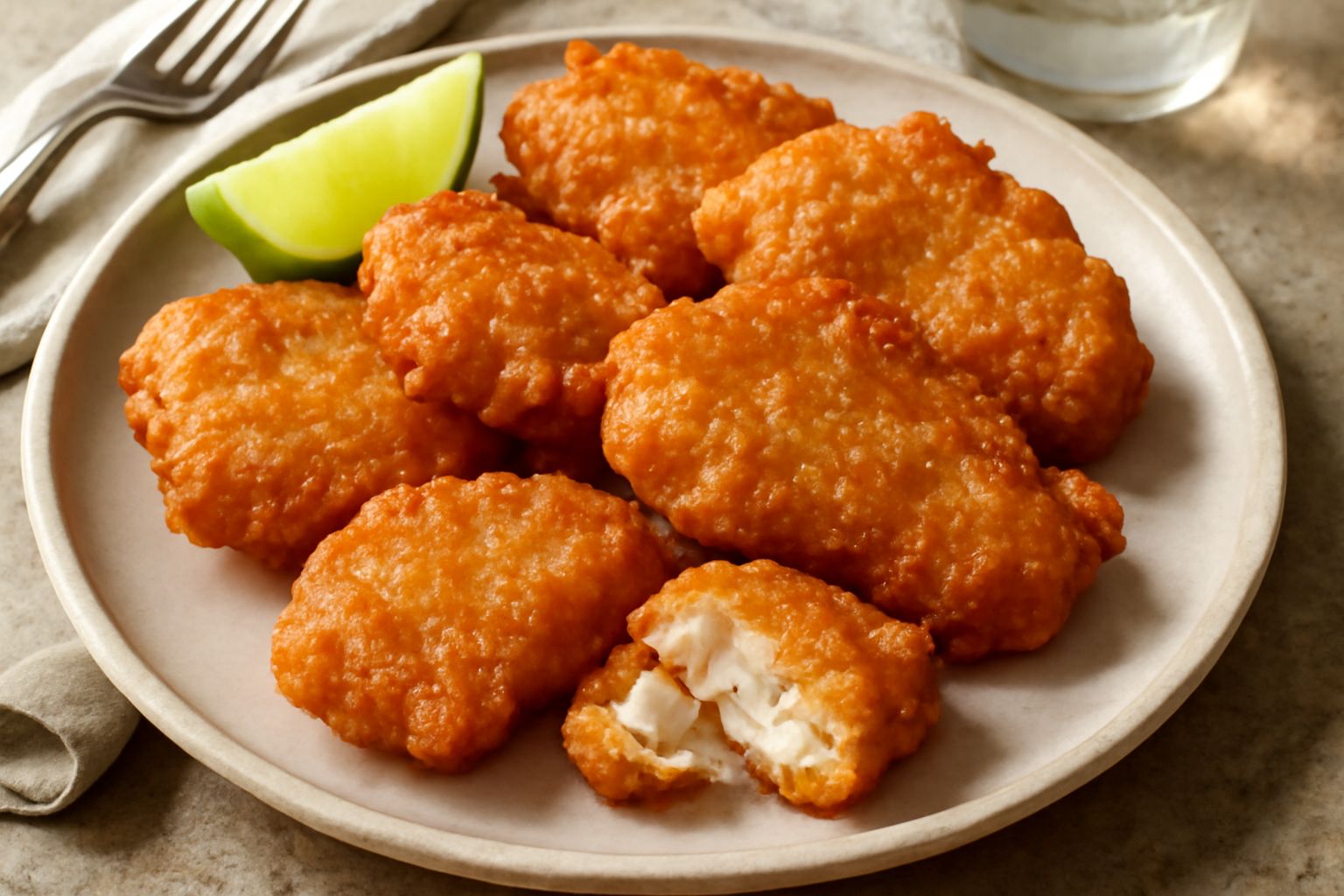 Frittelle di pesce dorate e croccanti, impilate su un piatto bianco con limone fresco tagliato a spicchi e prezzemolo verde, sfondo chiaro da tavolo