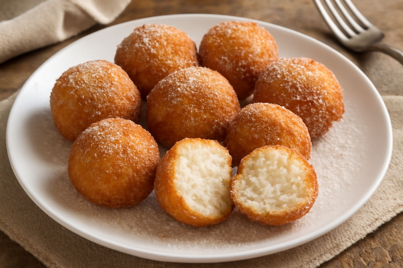 Frittelle di ricotta dorate e croccanti impilate su un piatto bianco, ricoperte di zucchero di canna, con ricotta fresca e uova sparse intorno
