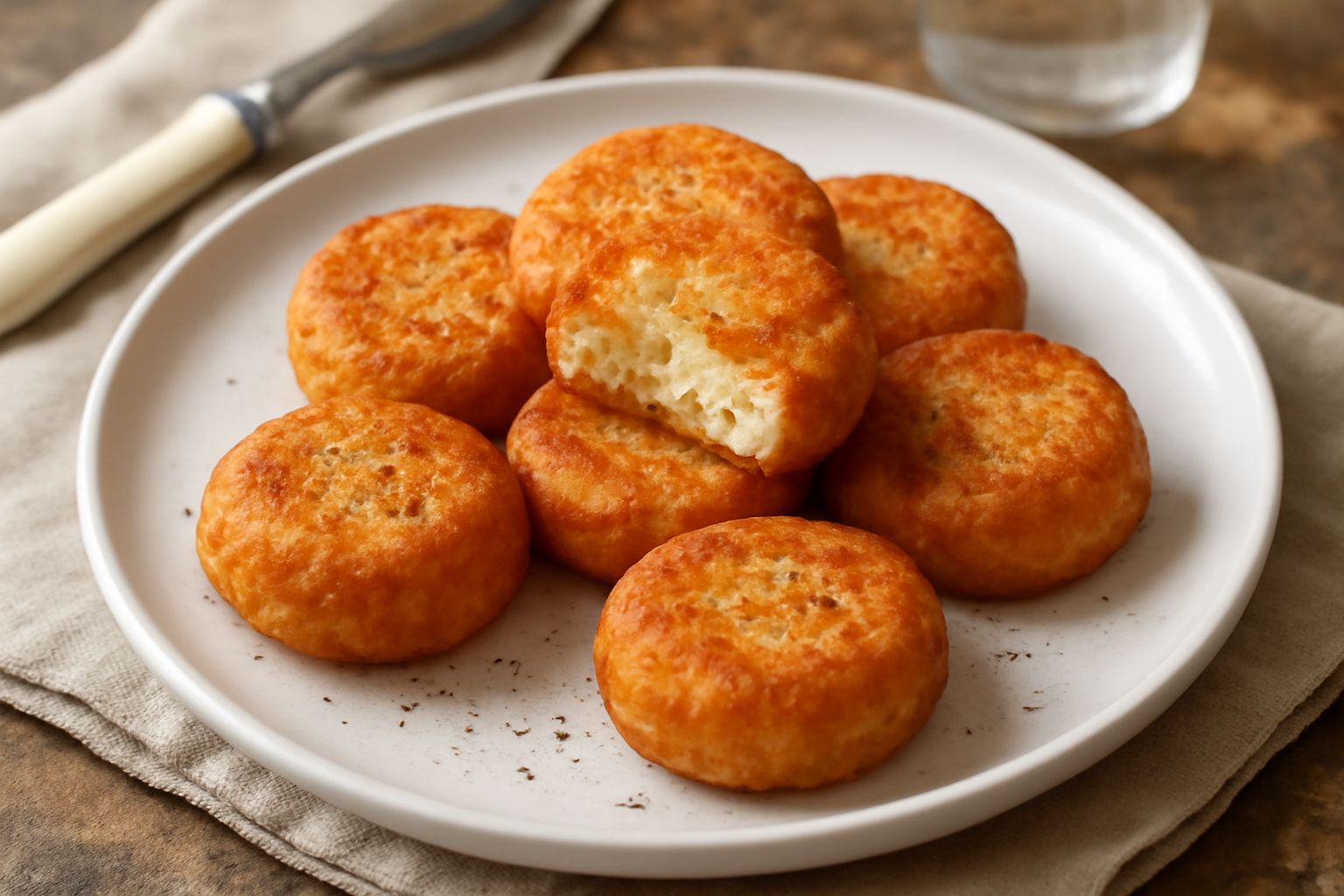 Frittelle dorate di ricotta salata disposte su un piatto bianco, ancora fumanti, con una lieve doratura croccante sulla superficie e un rigatino di prezzemolo fresco sopra