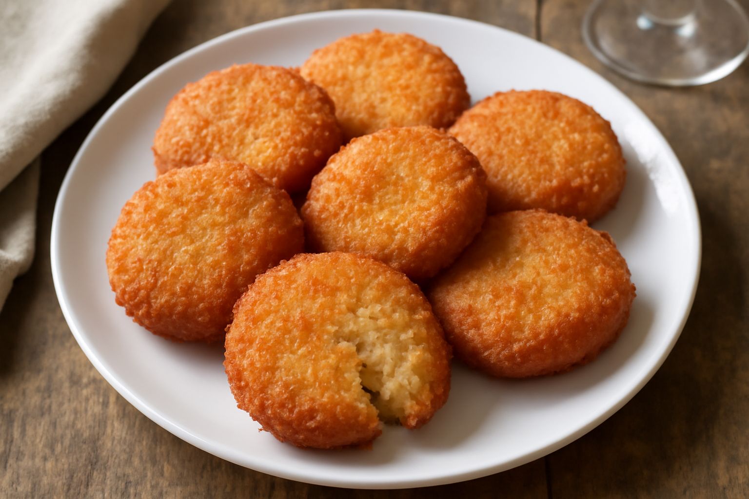 Sei frittelle di riso dorate e croccanti impilate su un piatto bianco, cosparse di parmigiano grattugiato e accompagnate da una salsa yogurt ai fini erbi