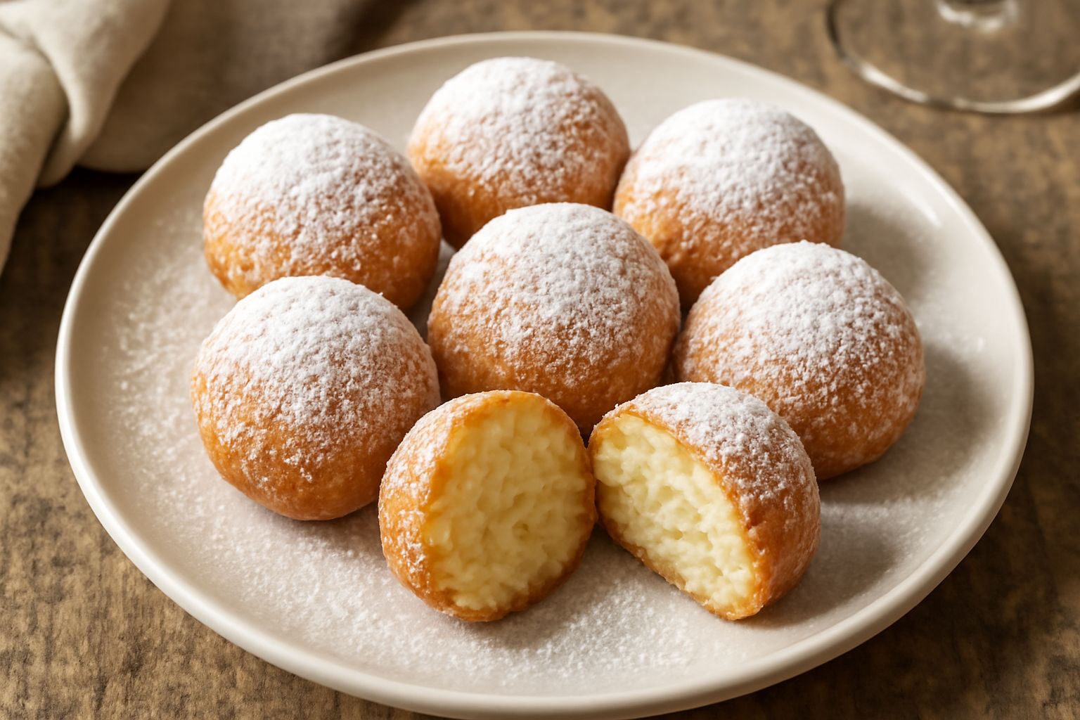 Frittelle di riso piemontesi ricoperte di zucchero a velo, tagliate a metà per mostrare il ripieno di riso e crema pasticcera, disposte su un piatto bianco con una tazza di caffè accanto