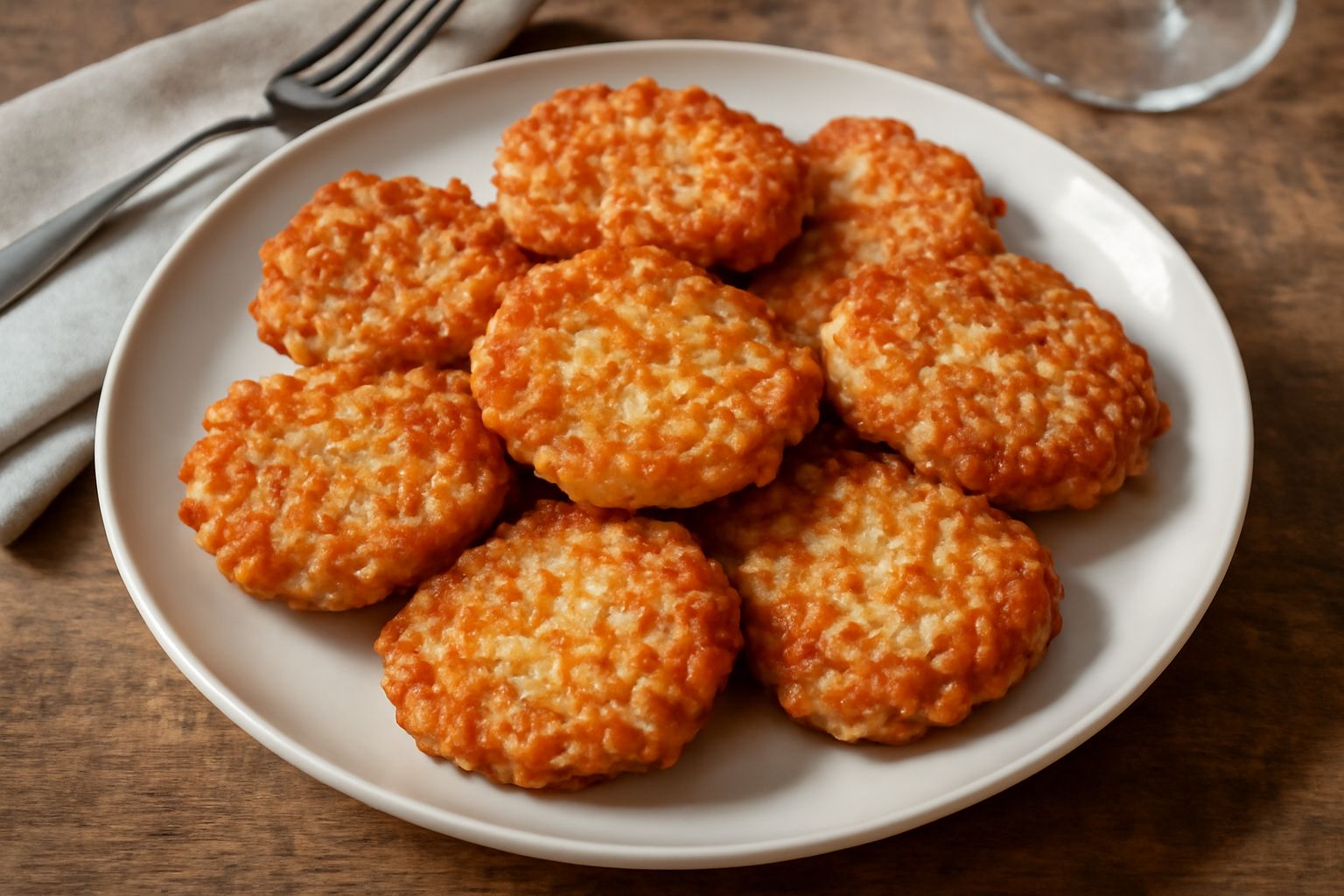 Frittelle di riso salate dorate e croccanti disposte su un piatto bianco, con una superficie irregolare e bollicine visibili, accompagnate da prezzemolo fresco