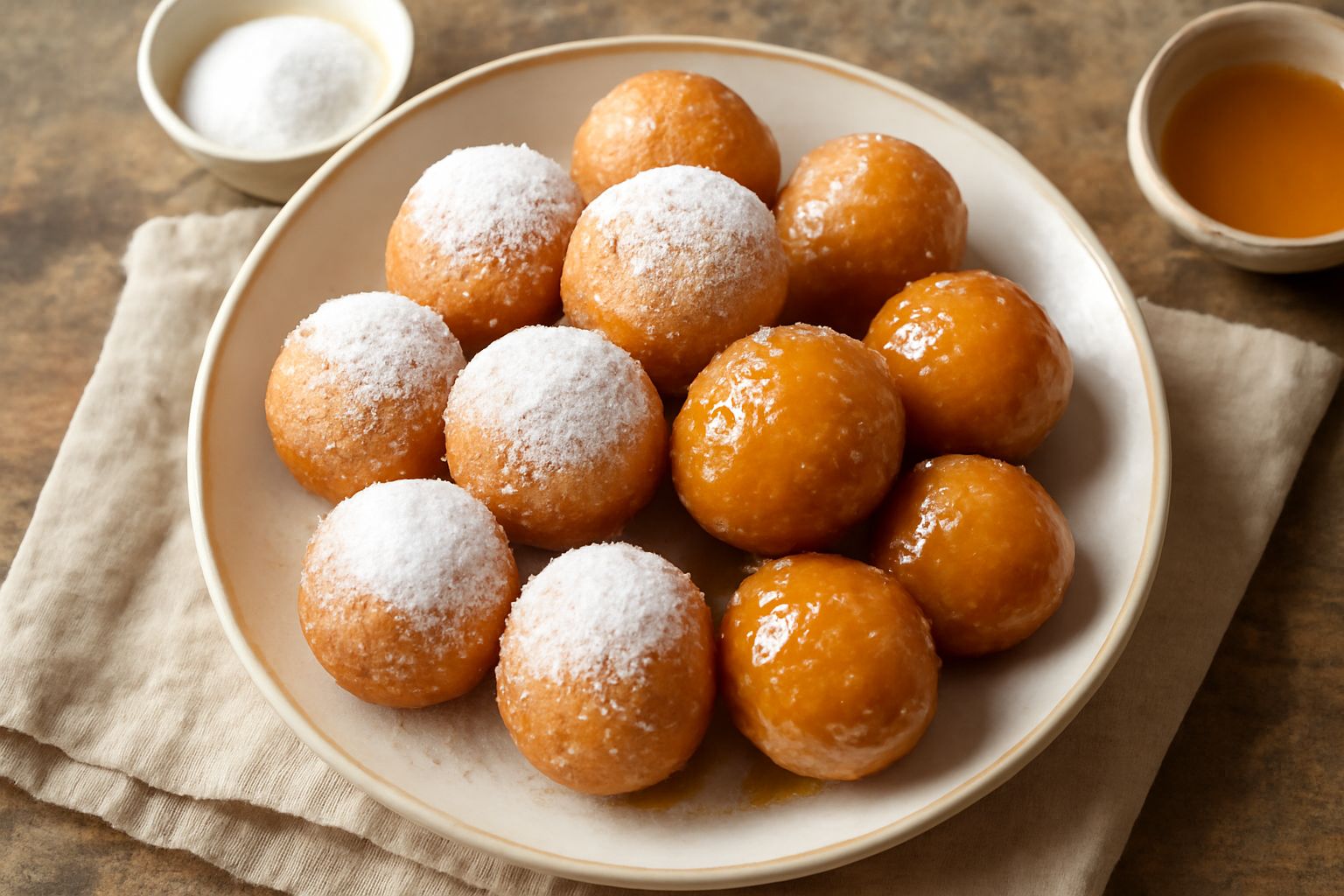 Un piatto bianco con sei frittelle di San Giuseppe dorate a forma di pallina, coperte di zucchero a velo e miele ambrato, con una ciliegia candita rossa al centro di alcune, su fondo di marmo grigio c