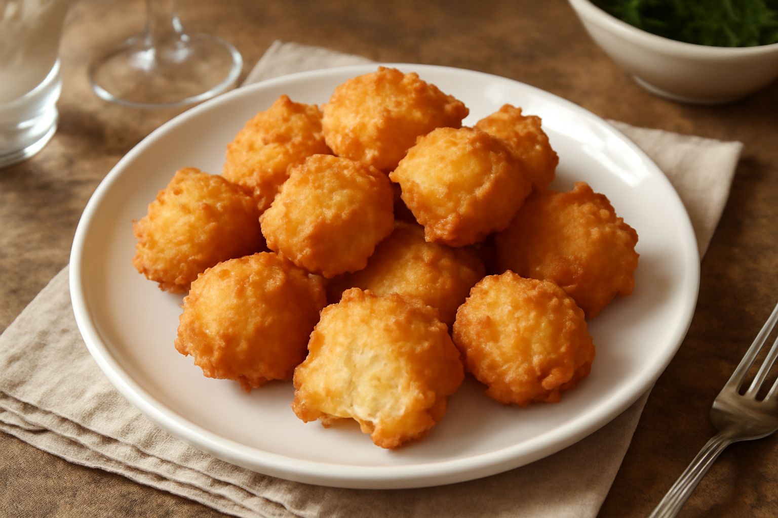 Frittelle di semola dorate e croccanti ammucchiate su un piatto bianco, ricoperte di miele fluido e fili di pistacchio tritato, vapore caldo ancora visibile