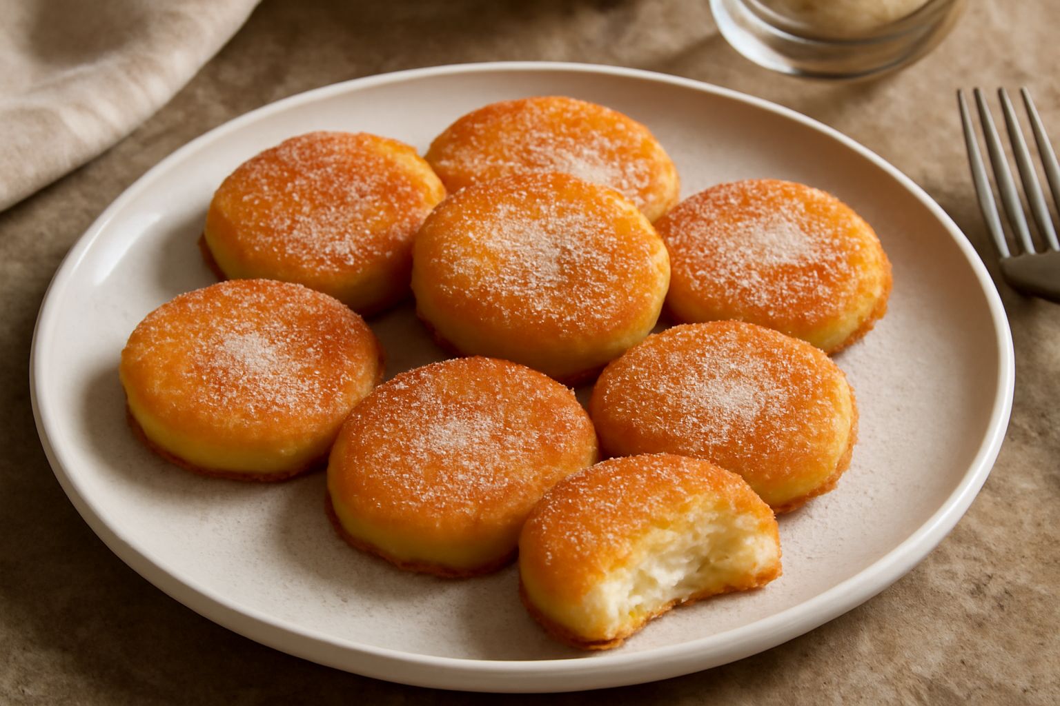 Frittelle di semolino dorate e croccanti in un piatto bianco, spolverizzate di zucchero, con un colore ambrato uniforme e consistenza gonfia