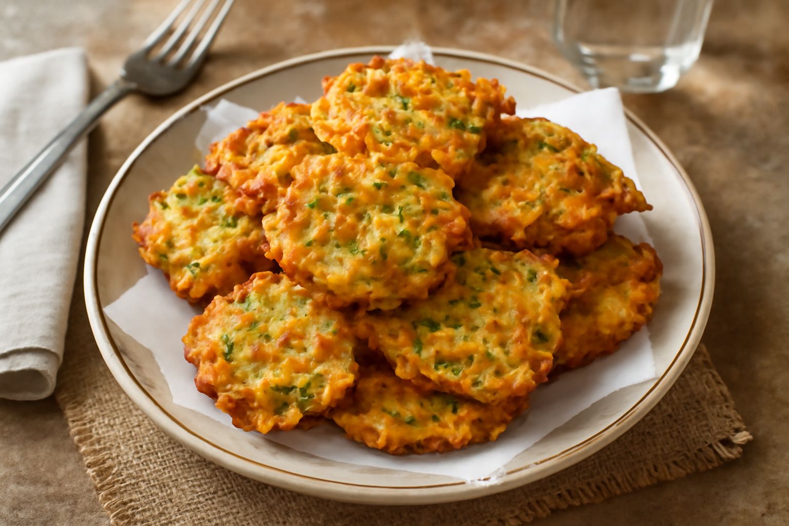Frittelle di verdure dorate e croccanti impilate in una ciotola bianca, con tracce di olio, accompagnate da verdure fresche tagliate sottili su un tavolo grigio