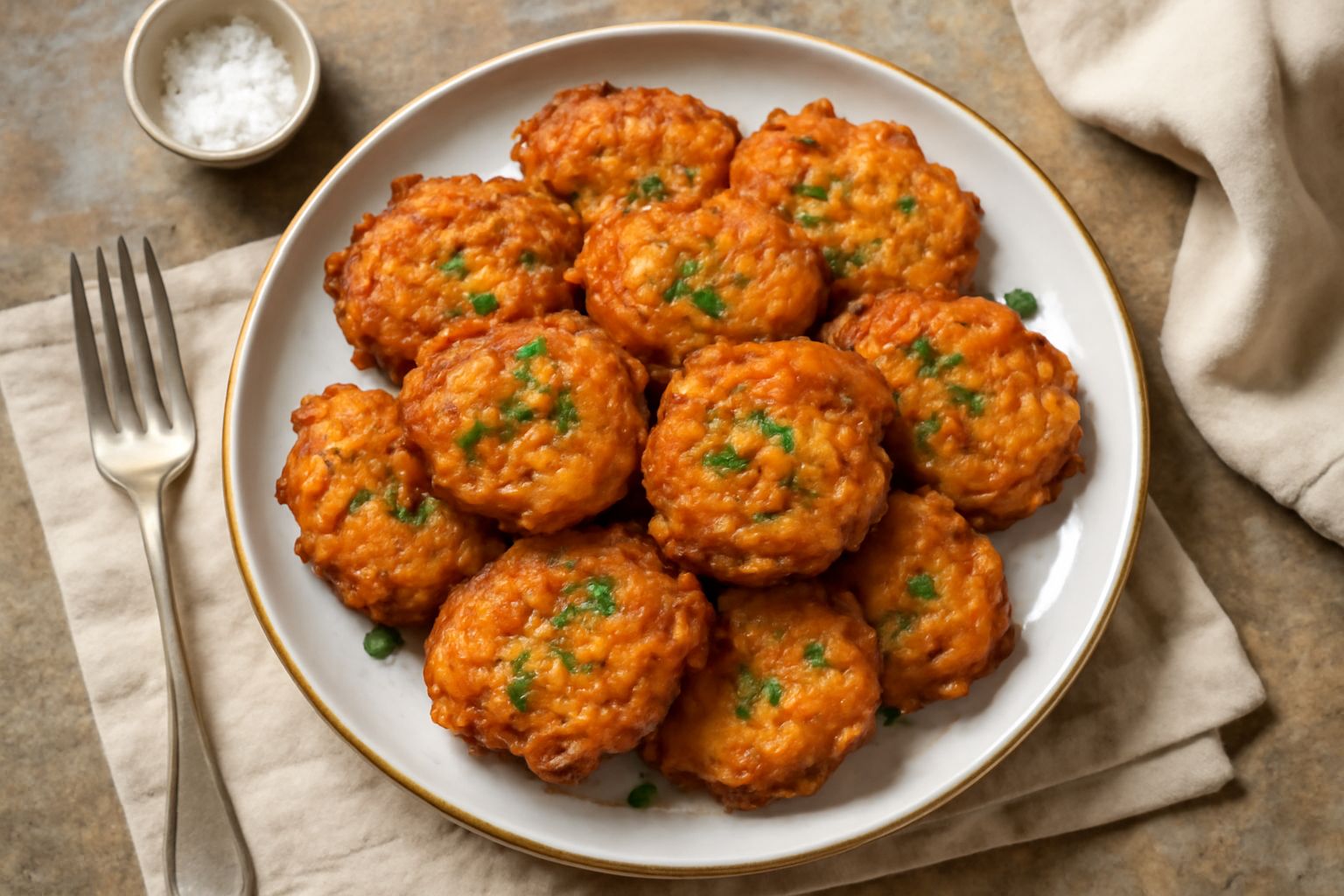 Frittelle di zucca dorate su un piatto bianco, croccanti in superficie, spolverizzate di zucchero e accompagnate da una ciotola di miele liquido