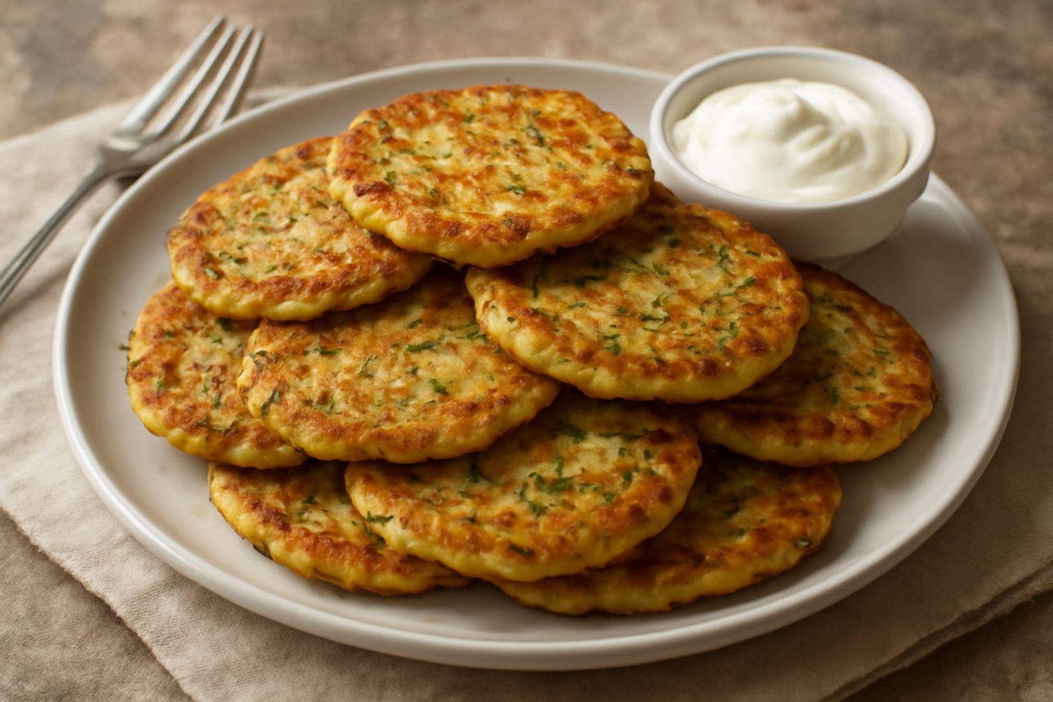 Frittelle di zucchina dorate e croccanti impilate su un piatto bianco, con una ciotola di yogurt greco a lato e foglie di menta fresca sulla superficie
