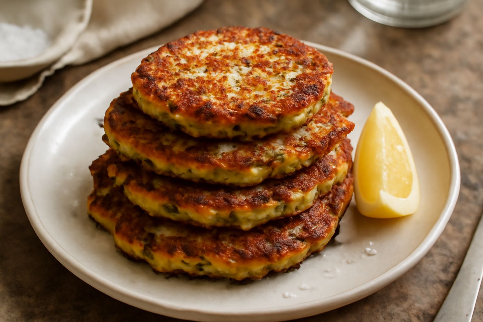 Frittelle di zucchine dorate e croccanti impilate su un piatto bianco, cosparse di sale grosso, con fette di limone e erba aromatica fresca accanto