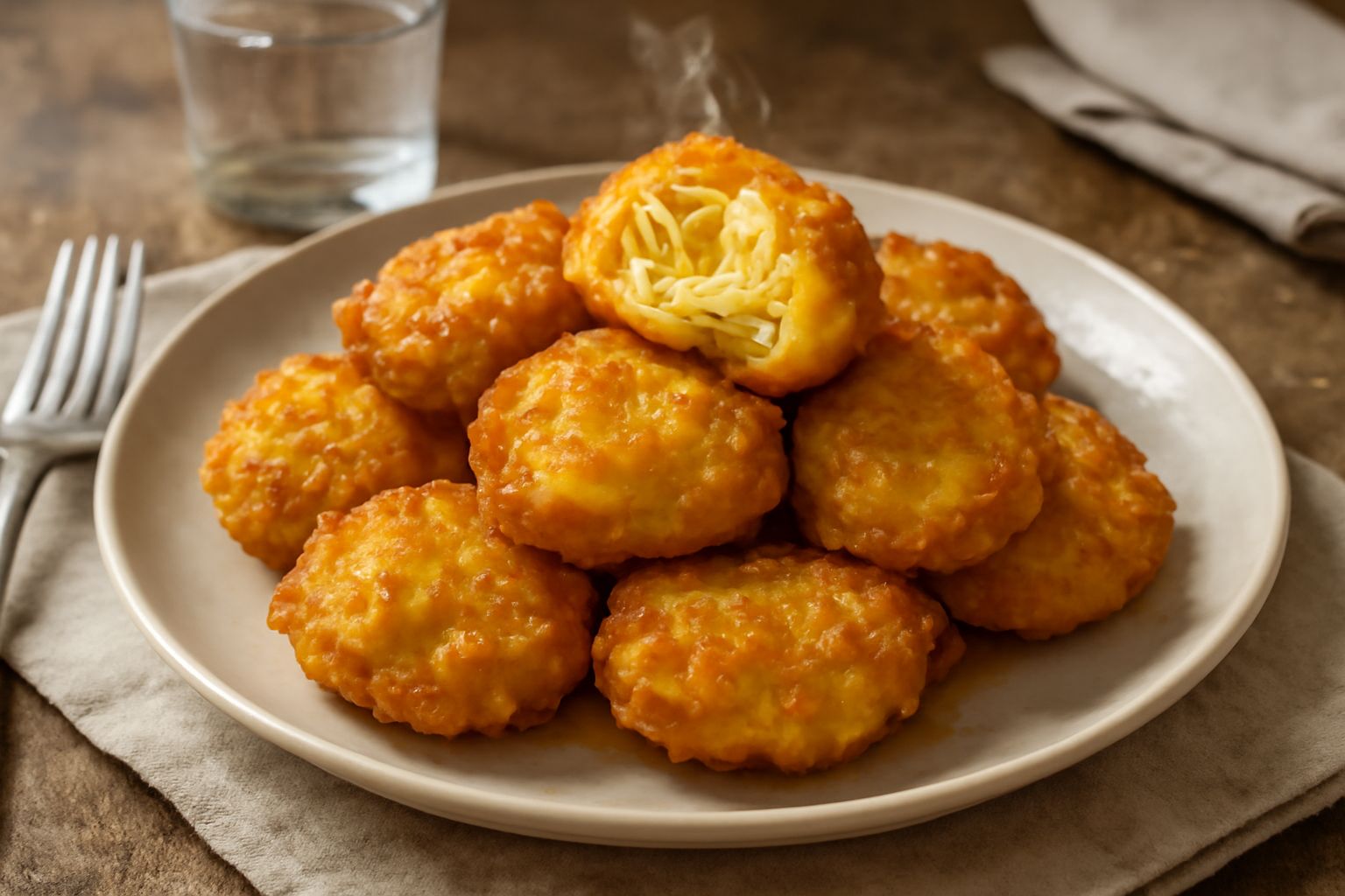 Frittelline di pasta color oro su piatto bianco, croccanti e a forma irregolare, con un filo d'olio che trasuda dalla superficie ancora tiepida