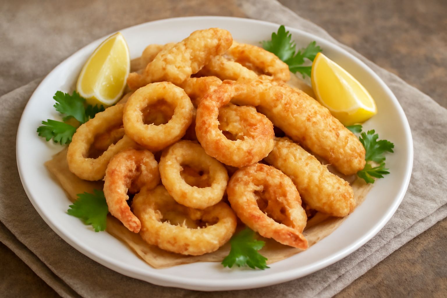 Piatto rotondo bianco con fritti misti di pesce dorati e croccanti: calamari, gamberi e filetti di pesce bianco, guarniti con limone fresco affettato e prezzemolo verde