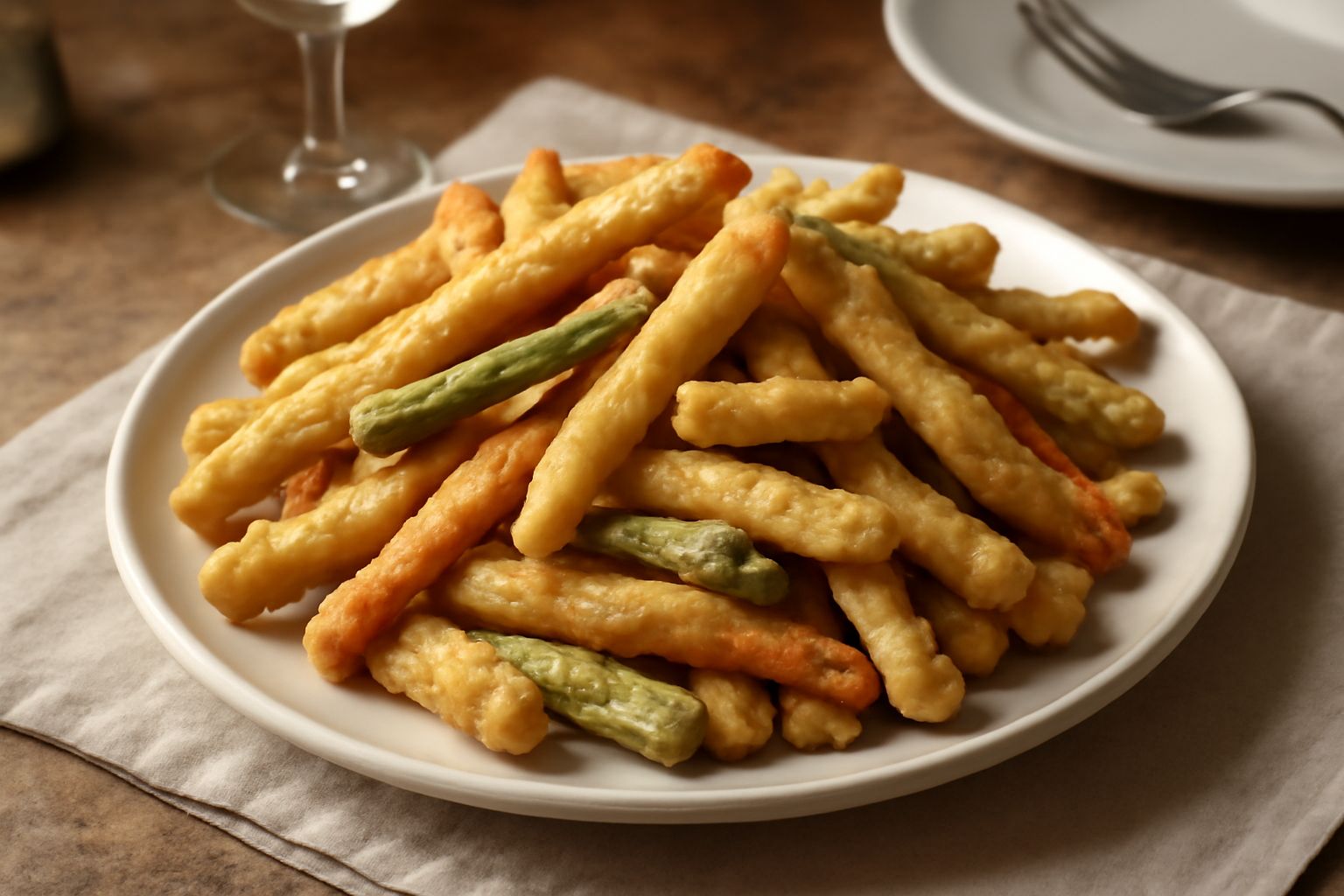 Frittizie servite in piatto bianco con melanzane, zucchine e peperoni dorati e croccanti, accompagnate da limone e sale grosso sui bordi