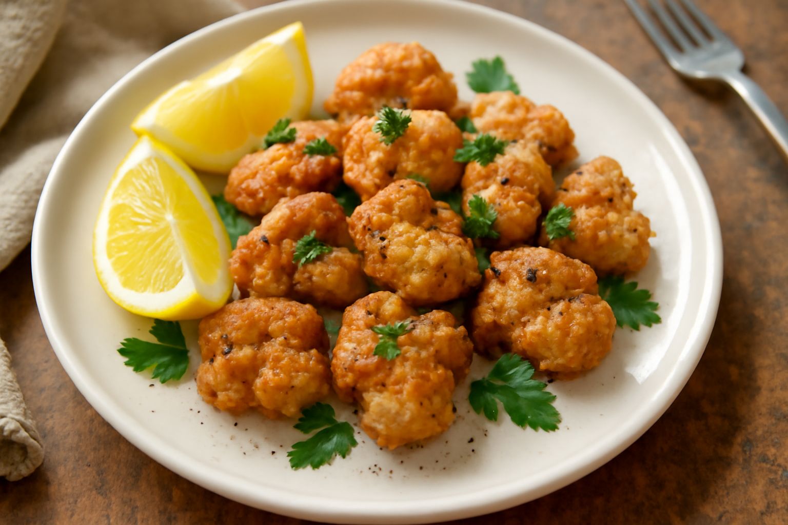 Fritto d'animelle dorate e croccanti in un piatto bianco, con limone fresco a spicchi, pepe nero macinato e prezzemolo tritato sparso sopra