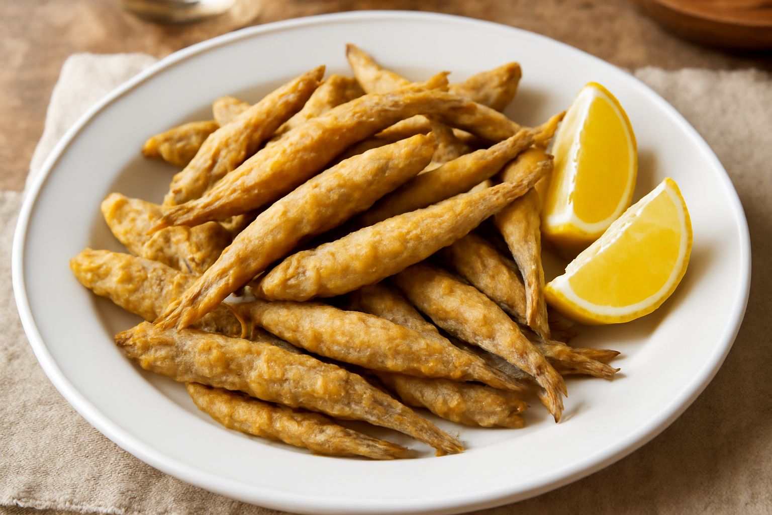 Piatto di porcellana bianca con alborelle fritte dorate e croccanti, guarnite con limone tagliato a spicchi e prezzemolo fresco, olio lucido visibile sulla superficie