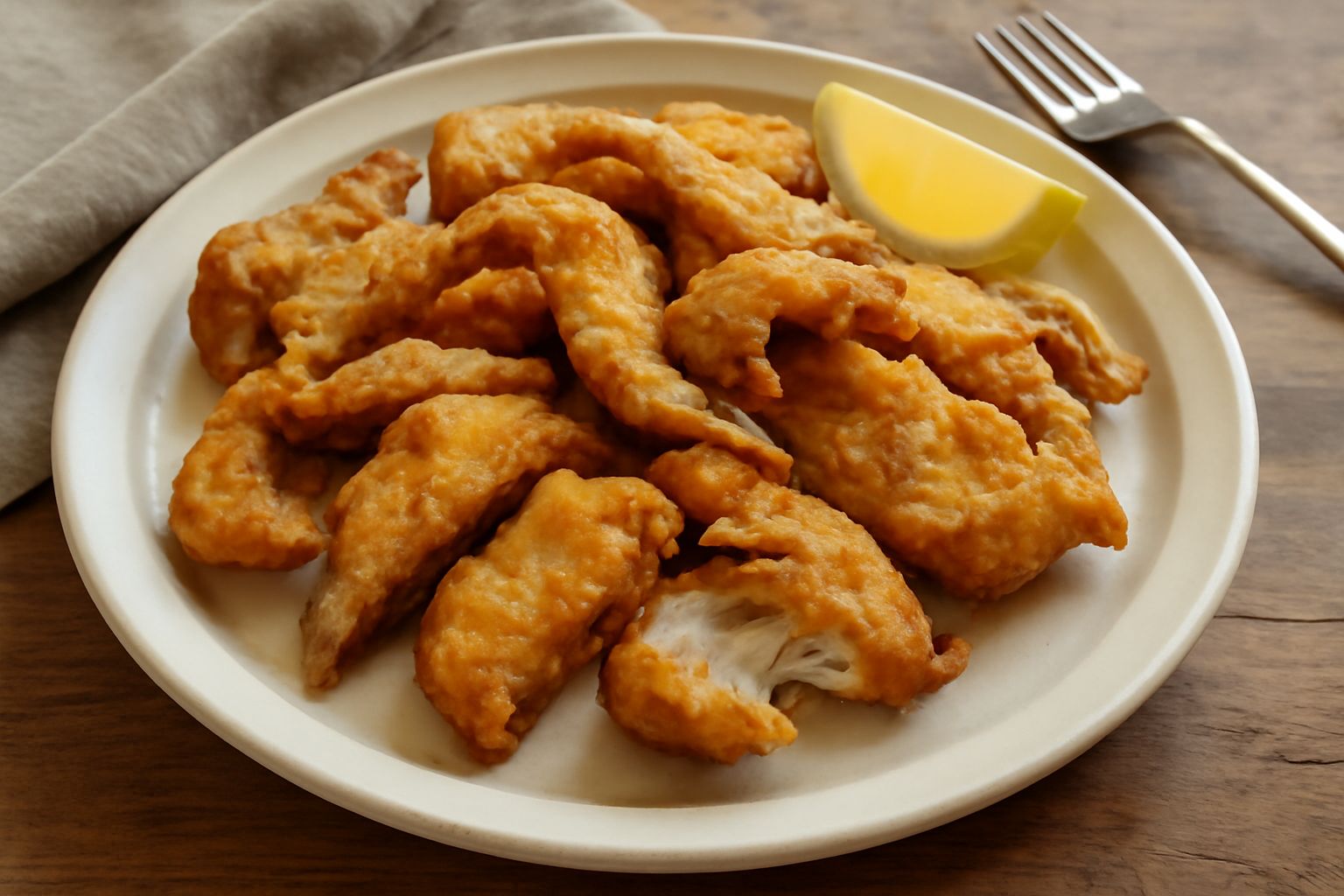 Vassoi di pesce di fiume fritto dorato disposti su carta assorbente bianca, con fette di limone giallo e prezzemolo verde fresco sul bordo