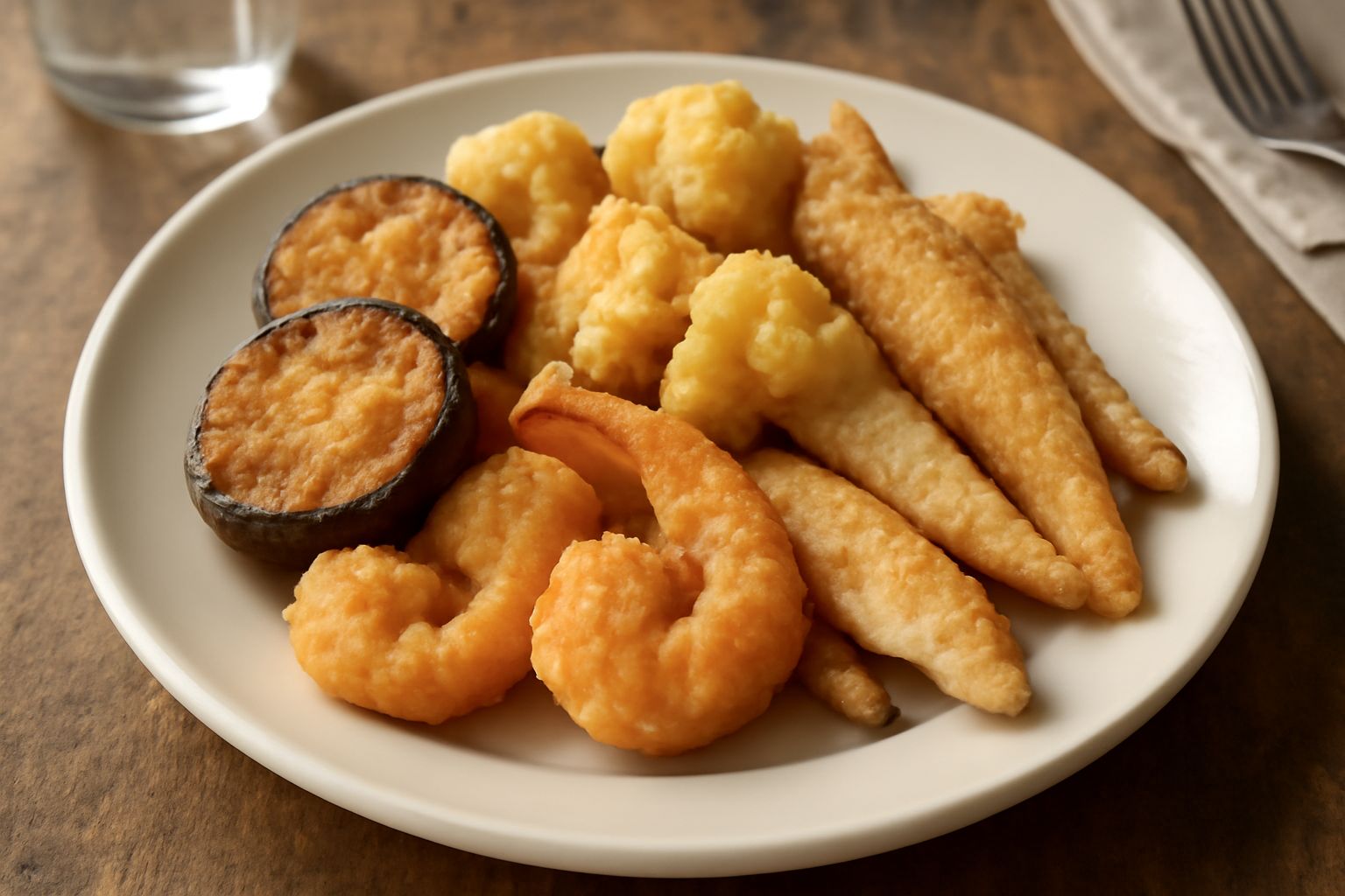 Fritto misto servito in piatto bianco: melanzane dorate e croccanti, cavolfiore fritto, gamberetti, piccoli pesci, zucchine a rondelle, tutto color oro carico, disposto senza ordine, con limone fresco
