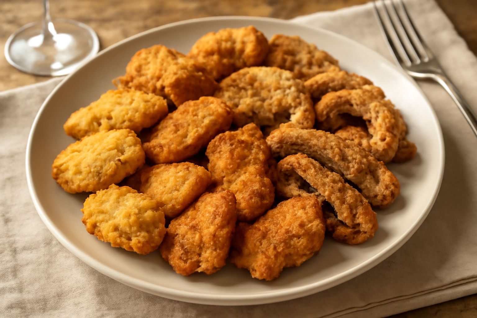 Piatto bianco con fritto misto di carni disposto a mucchietto: pezzi di pollo dorato, fettine di vitello croccanti e bocconi di coniglio fritto, guarniti con spicchi di limone fresco e prezzemolo verd