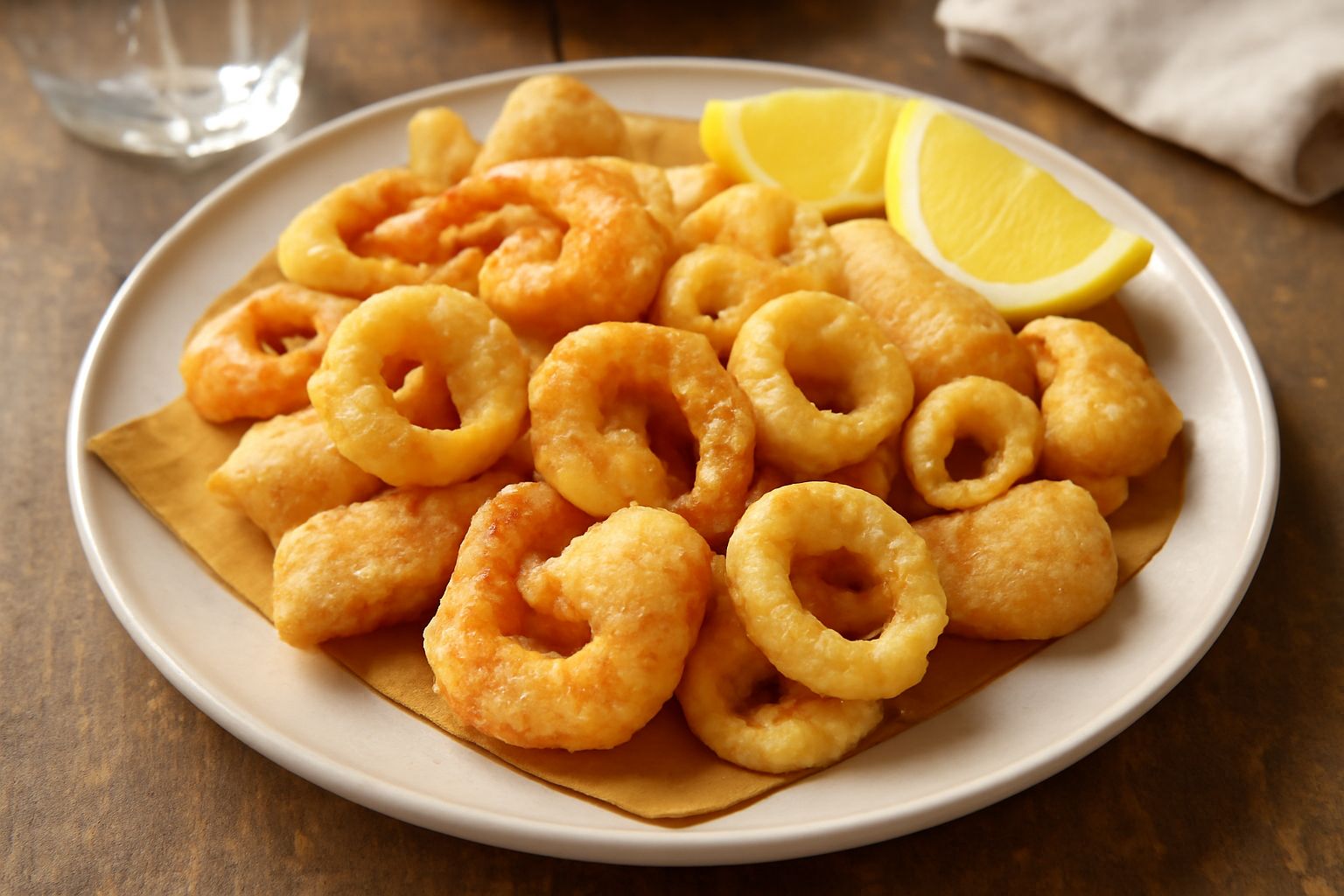 Fritto misto di pesce appena tolto dall'olio, dorato uniforme, composto da gamberetti, piccoli calamari, naselli e pezzetti di pesce bianco, servito su carta assorbente bianca, con spicchi di limone f