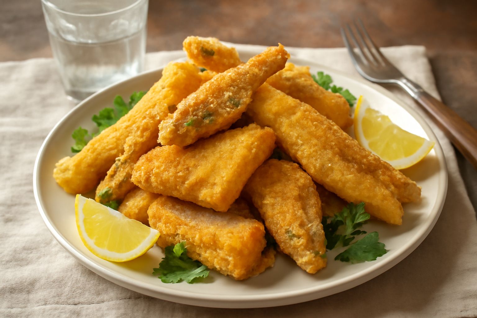 Piatto bianco con fritto misto di pesce d'acqua dolce dorato e croccante, contorni di limone fresco tagliato a spicchi e prezzemolo verde, su fondo in legno naturale