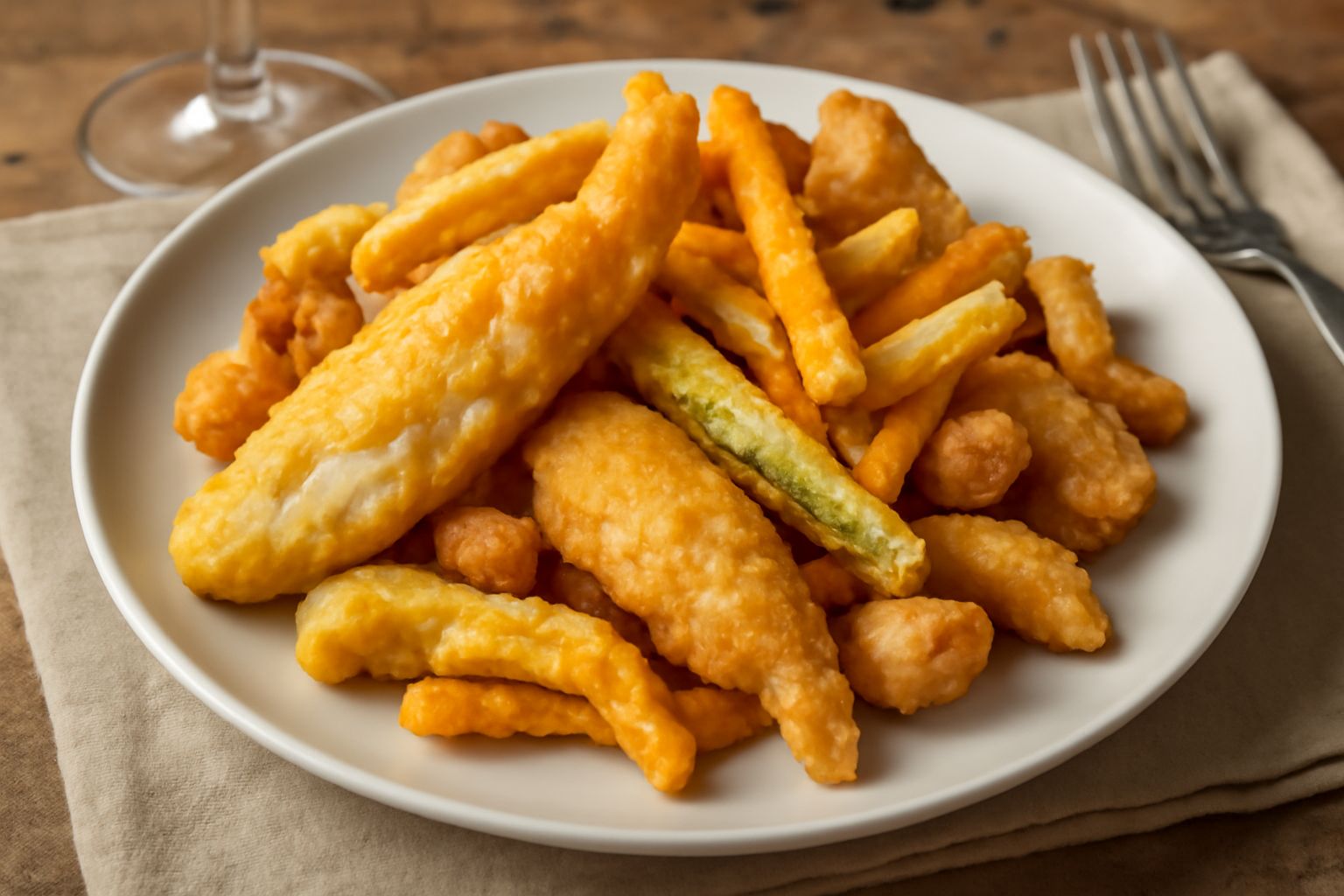 Fritto misto dorato disposto su carta assorbente bianca in un piatto ovale, con filetti di pesce, verdure tagliate a bastoncini, pezzi di carne bianca tutti croccanti e leggermente salati, sfondo neut