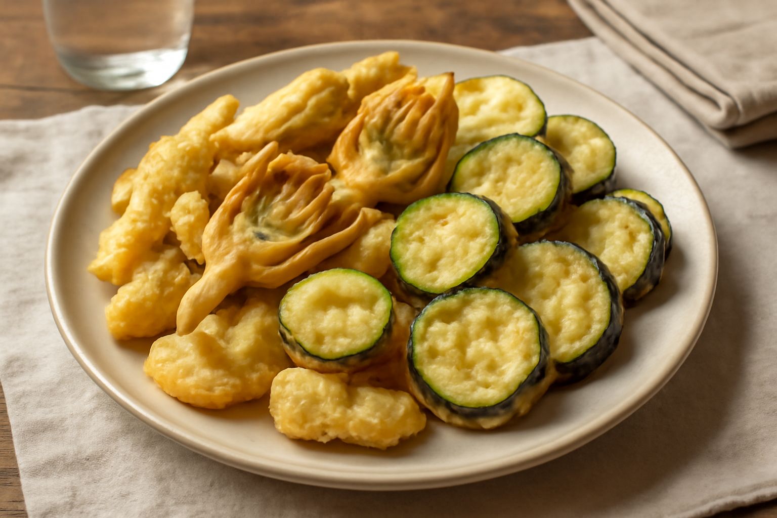 Fritto misto toscano servito in un piatto bianco: carciofi, zucchine e melanzane dorate e croccanti, spolverati di sale grosso, con limone fresco a fette sul bordo