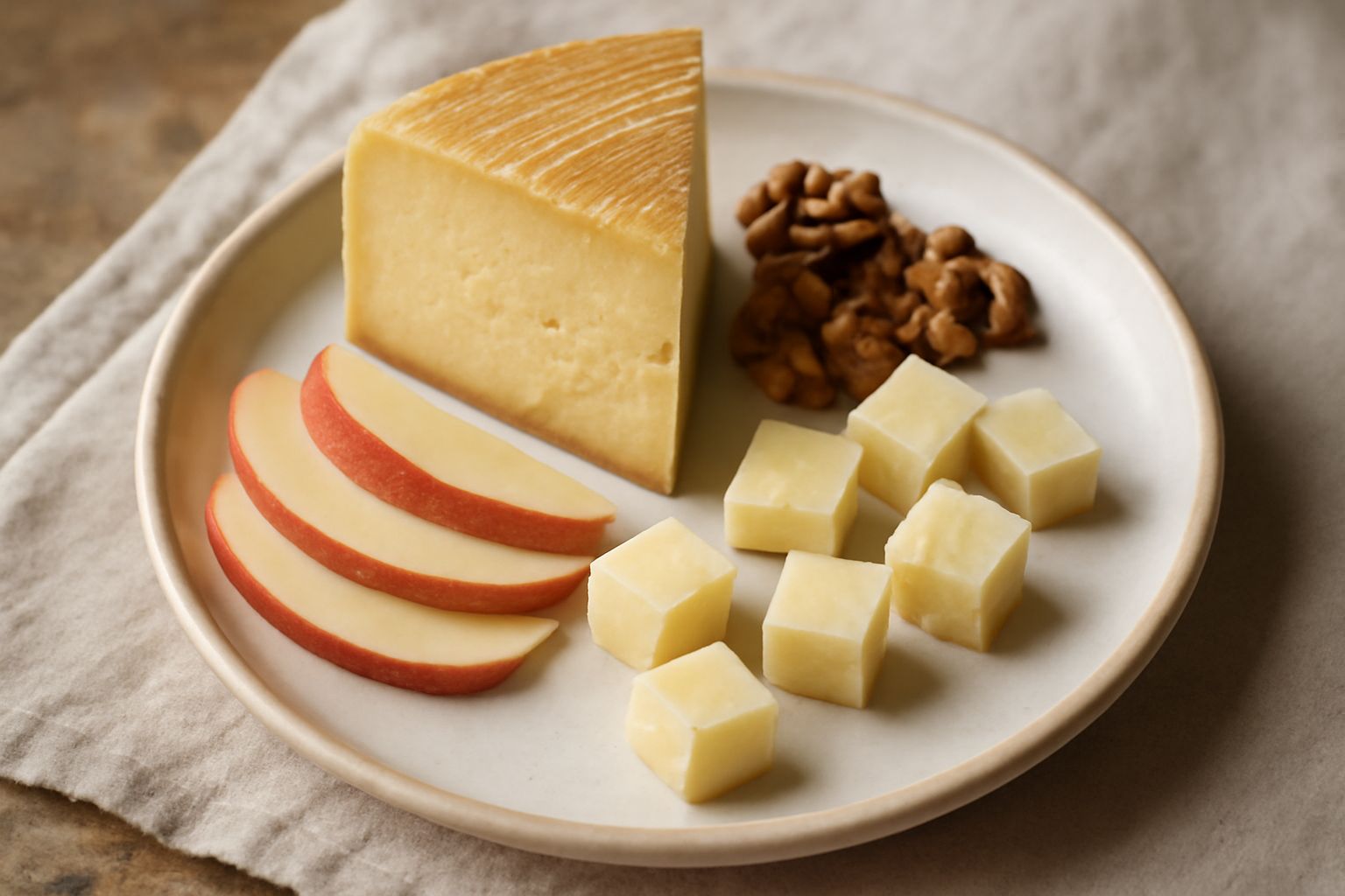 Cubo di formaggio friulano giallo oro, leggermente friabile, tagliato a dadini su tagliere di legno chiaro con alcune noci e spicchi di mela rossa accanto